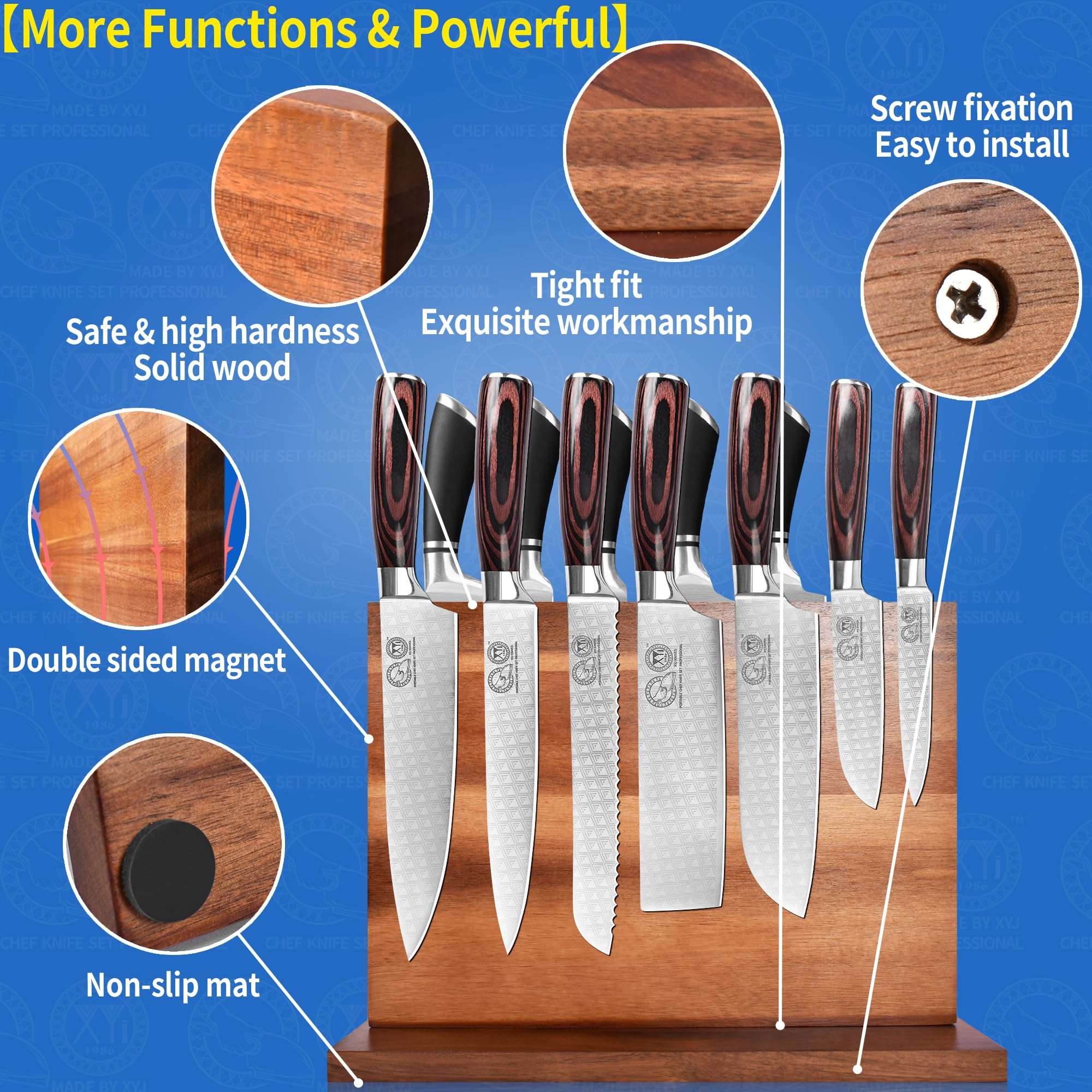 XYJ Kitchen Knife Block Set Stainless Steel 8pcs Knives With Roll Bag Magnetic Knife Stand Holder 6