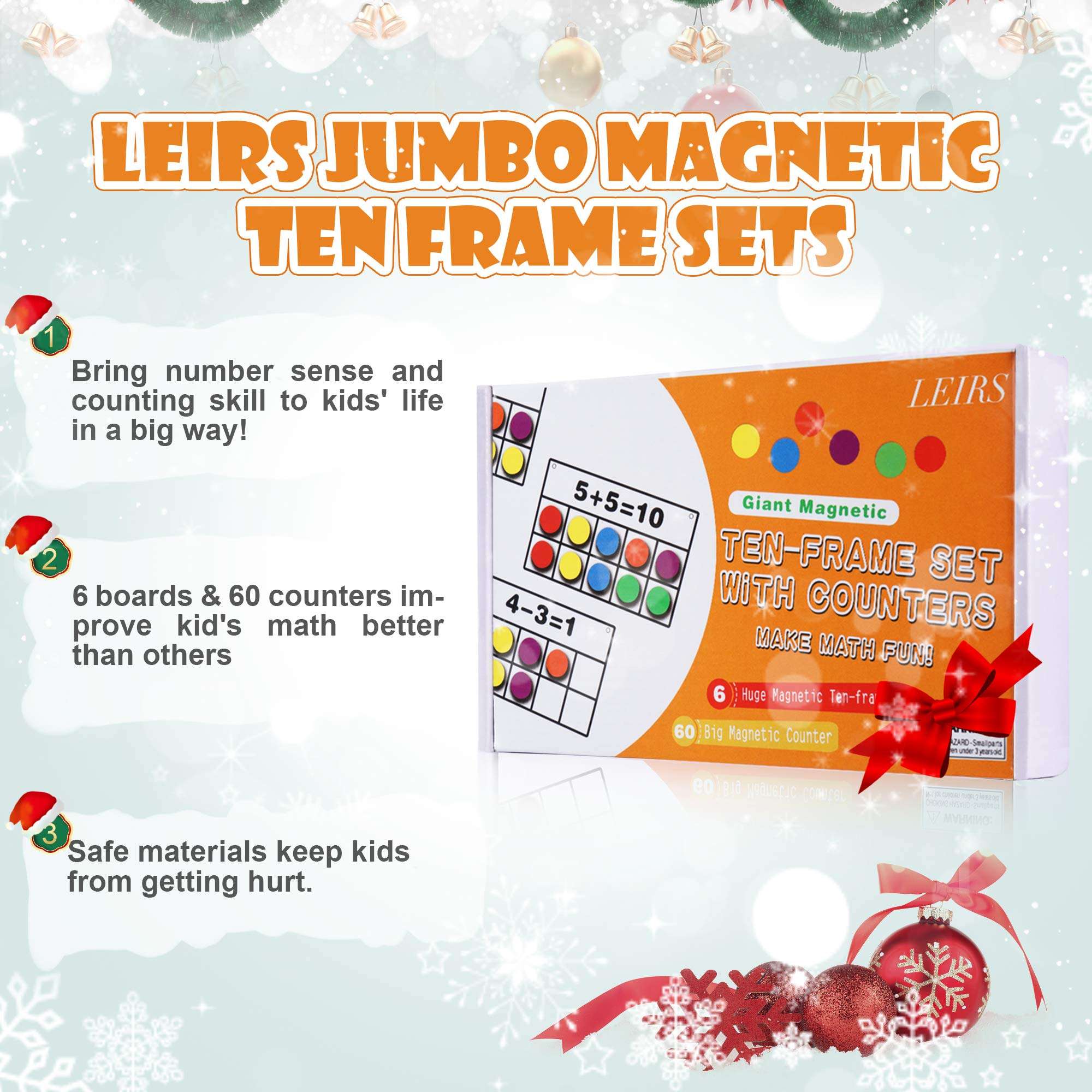 Magnetic Ten-Frame Set, 6 Ten Frames and 60 Colorful Magnetic Math Counters for Kids, Math Manipulatives for Elementary Kindergarten & Classroom, Math Games Educational Home Learning Toys 4