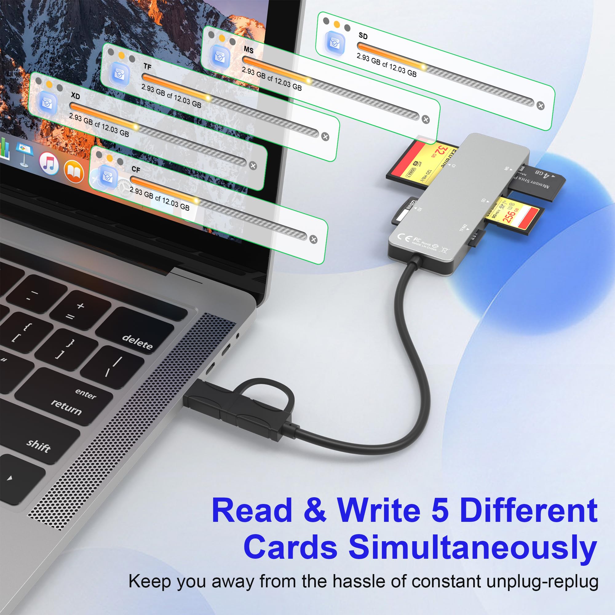 USB C USB3.0 XD Memory Card Reader 5Gbps 6-in-1 Multi Card Reader for TF, SD, MS, M2, XD, CF Cards, Aluminum Camera Card Reader for Windows Mac Linux Android, 5 Cards Can be Read Simultaneously 6