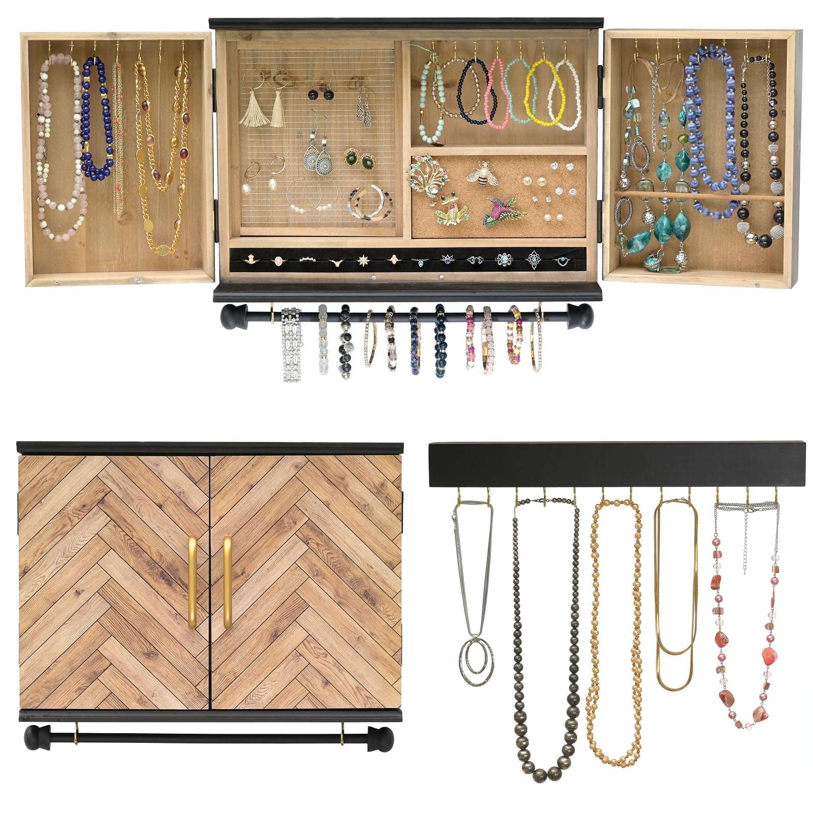 Wall Mounted Jewelry Organizer with Herringbone Wood Pattern. Jewelry holder for Necklaces, Earings, Bracelets, Ring Holder, and Accessories. Includes hooks for hanging jewelry - Black & Brown 3