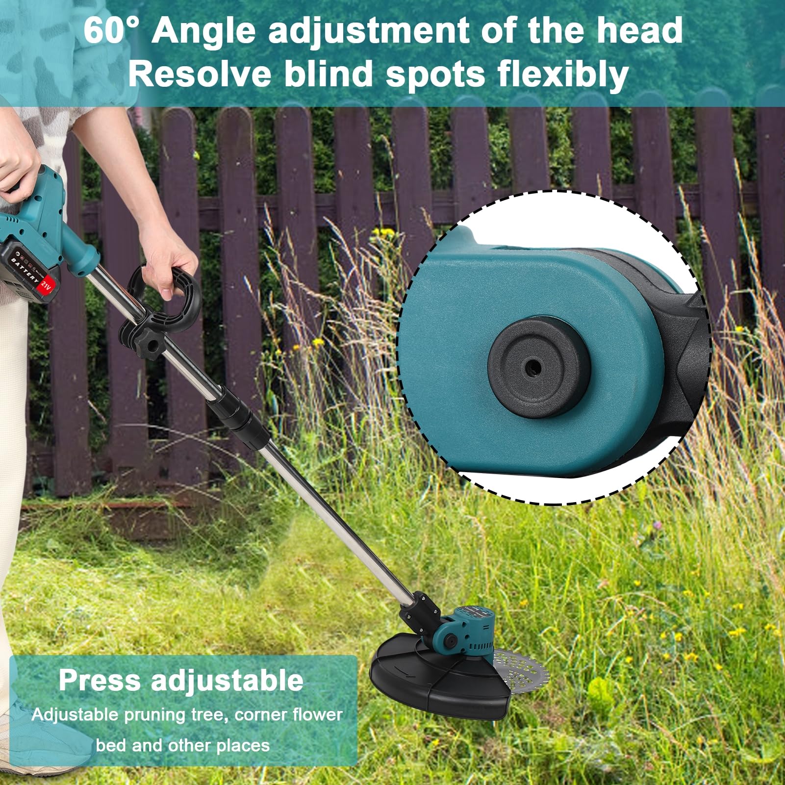 qofezuey 21V Weed Wacker, Electric Weed Eater, Cordless String Trimmer with 1 Charger and 2 X 2.0Ah Battery, Retractable Weed Eater, Rechargeable Handheld Lawn Mower for Lawn, Garden Navy Blue 9 Inch 5