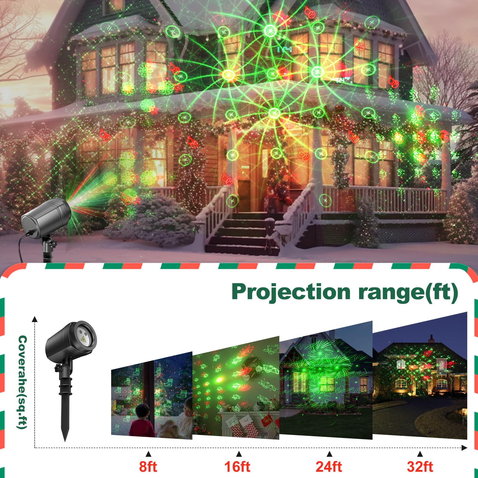 NUÜR Christmas Projector Lights Outdoor, Waterproof Christmas Light Projector with 24 Christmas Decorative Patterns, Remote Control with Timer, Holiday Projector Lights for Outdoor Garden Patio Wall 5