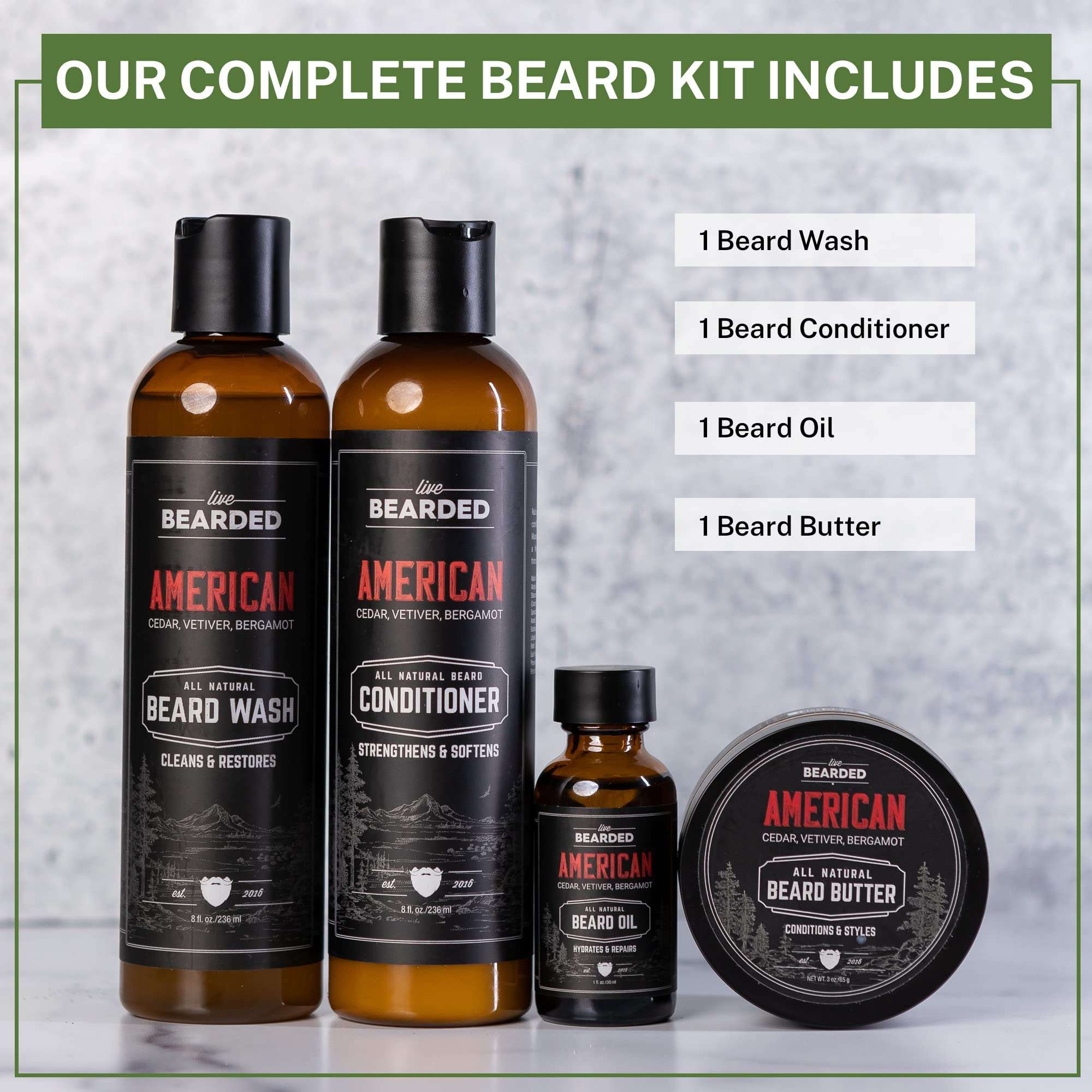 Live Bearded Complete Beard Grooming Kit - Wash, Conditioner, Butter and Oil - Made in the USA with All-Natural Ingredients - Mens Groom Set | American Scent - Cedar, Pine, Vetiver, Bergamont 4