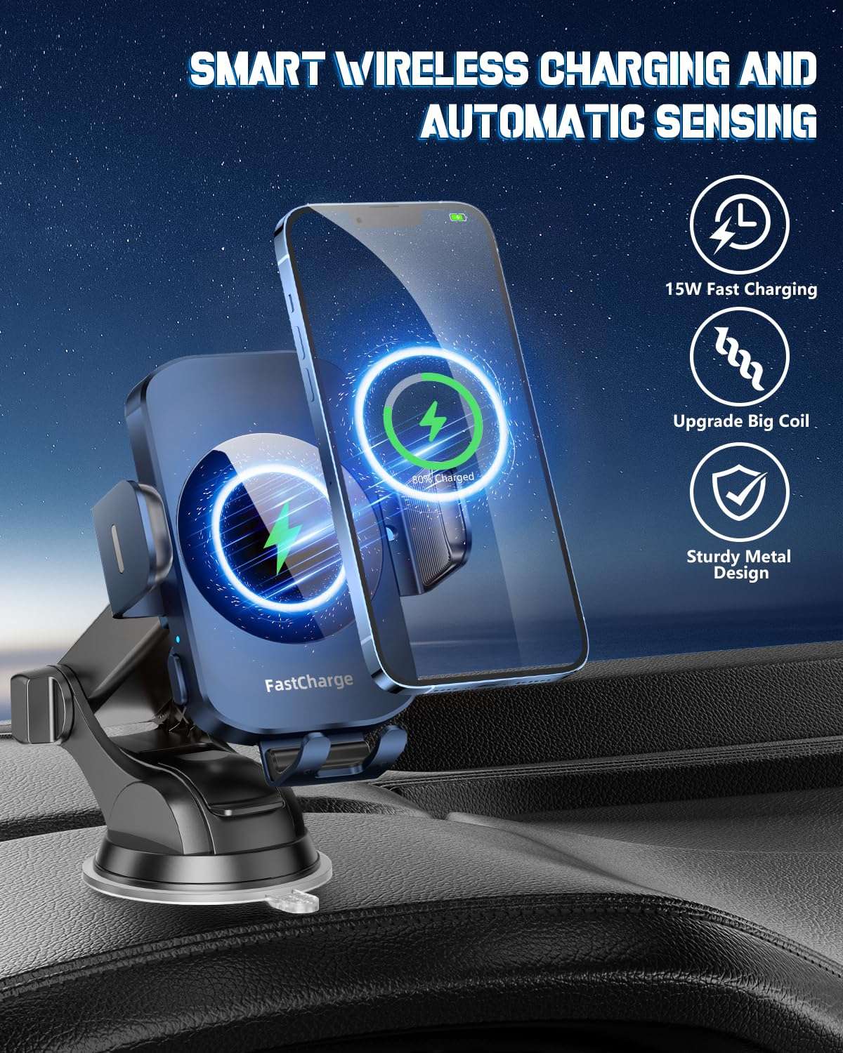 BothLin Wireless Car Charger, Fast Charging Phone Holder 3 in 1 Phone Mount Auto Clamping Car Accessories Compatible with iPhone 17 16 15 14 13 12 11 Xs XR, Samsung S23 Ultra S22 S21 S20(Deep Blue) 3