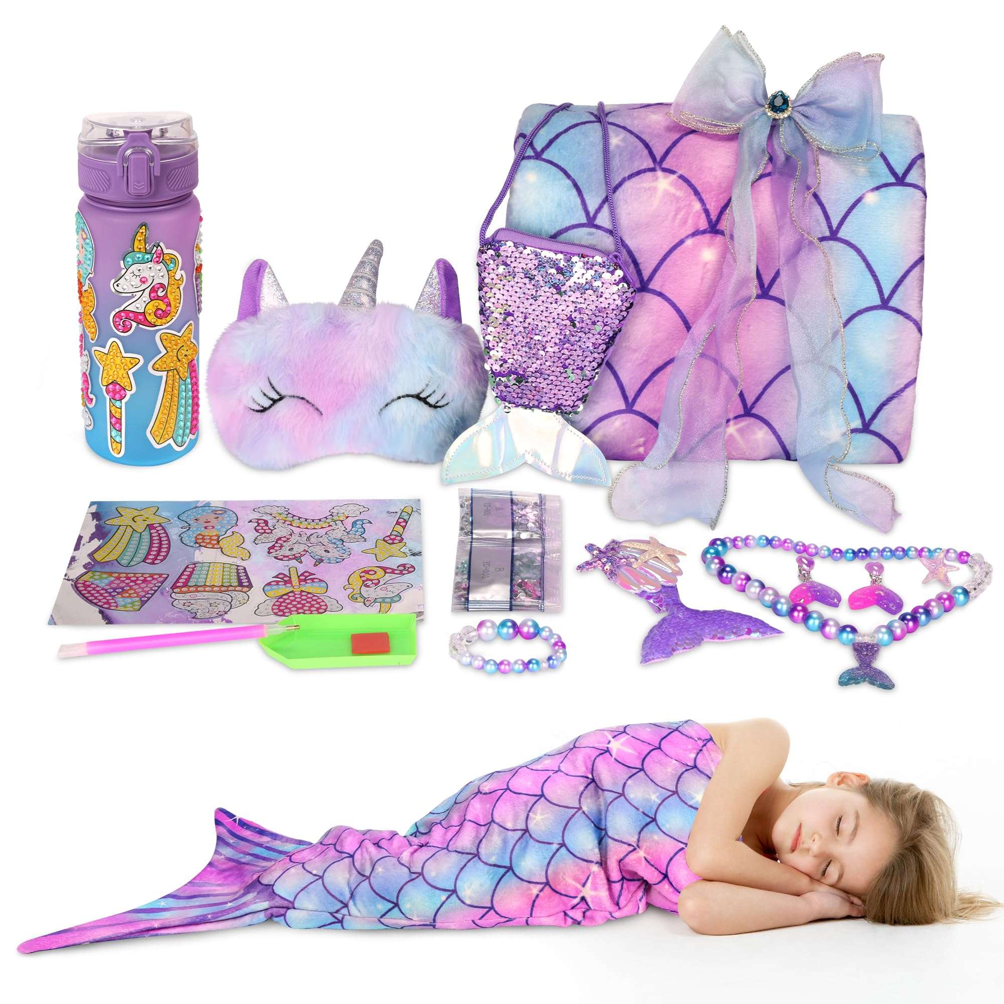 Mermaid Tail Blanket for Girls Toddler Kindergarten Preschool Graduation Birthday Gifts Diamond Art Kits for Kids 3 4 5 6 7 8 9 10 Year Old Little Mermaid Toys with Necklace Bracelet Ring Earrings 1