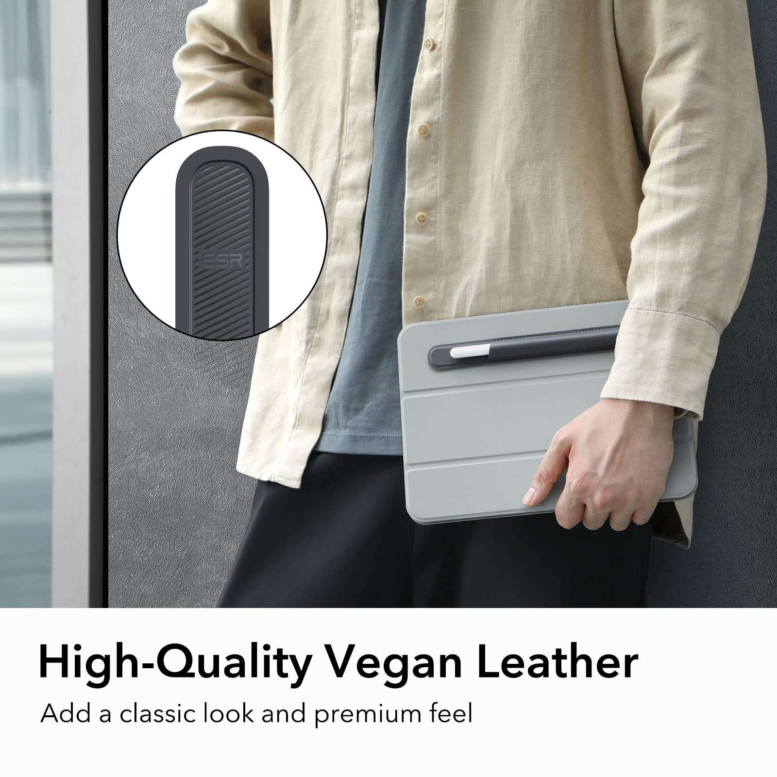ESR Pencil Holder Compatible with Pencil (Pro/2nd/1st Generation&USB-C), Vegan Leather Pencil Sleeve for Stylus Pen, Secure Pencil Protection, Pencil Cover with Self-Adhesive Back for iPad Case,Grey 2
