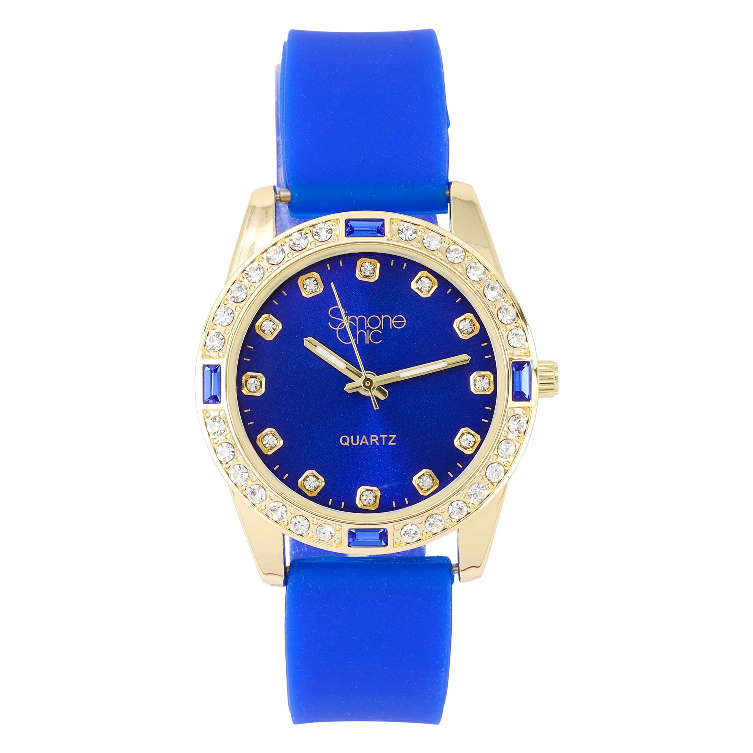 Women's Diamond & Gem Pave Fashion Rolly Rubber Band Watch - Colorful Dial w/Matching Baguette Bling on Trim - Ladies Be Burnin' w/This Sport Chic Trendy Fashion Accessory - ST10415SB Royal Blue 1