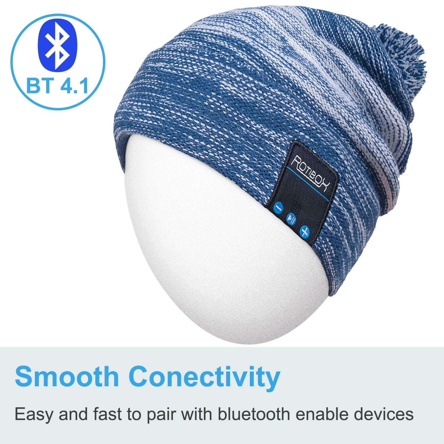 Qshell Bluetooth Beanie Hat Washable Music Cap with Wireless Stereo Headphone Headset Earphone Speakers Mic Hands Free for Outdoor Sports Skiing Running Skating Camping, Blue 3