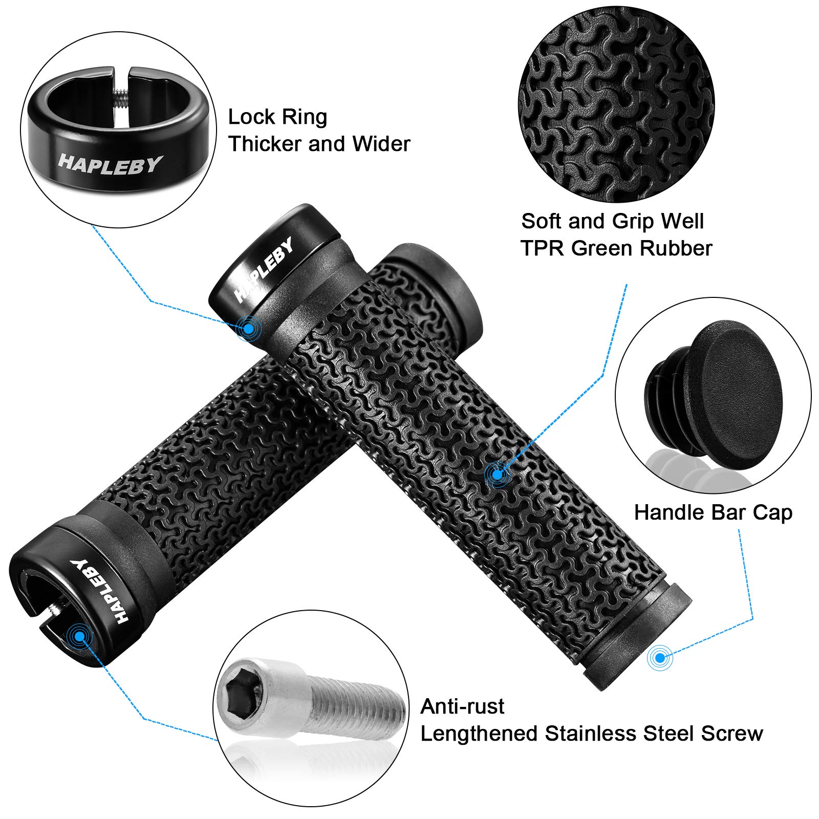 Hapleby Premium Bike Handlebar Grips, Single Lock-on Professional Mountain Bicycle Handlebar Locking Grips with Anti-Slip, 2PCS Screw and 2PCS Allen Wrench for Free 3