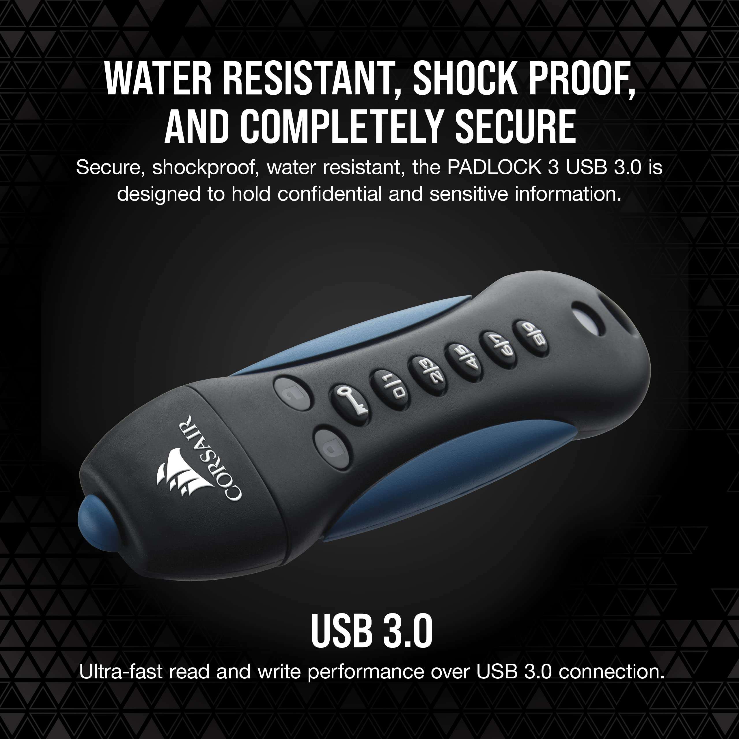 Corsair Flash Padlock 3, 256 GB Secure USB 3.0 Flash Drive with Keypad (256-bit AES Encryption, FIPS 197 Security Standards, Ruggedised Rubber Housing, Built-in PIN Pad) Black/Blue 2