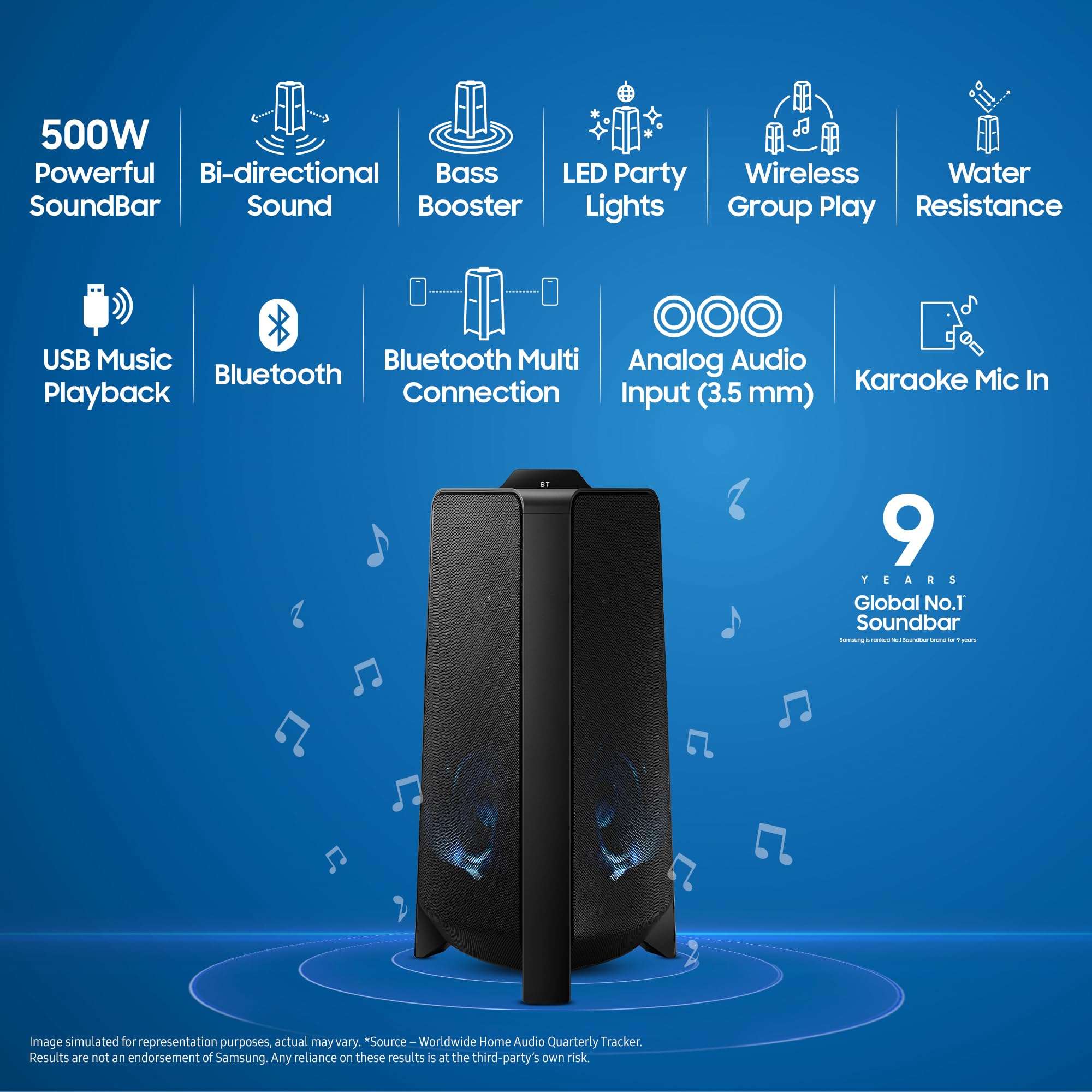 Samsung {MX-T50/XL) Sound Tower High Power Audio, Floor Standing Speaker, Bi-Directional Sound, Water Resistant, Party Lights, Bluetooth Multi-Connection, USB Music Playback (Black) 2