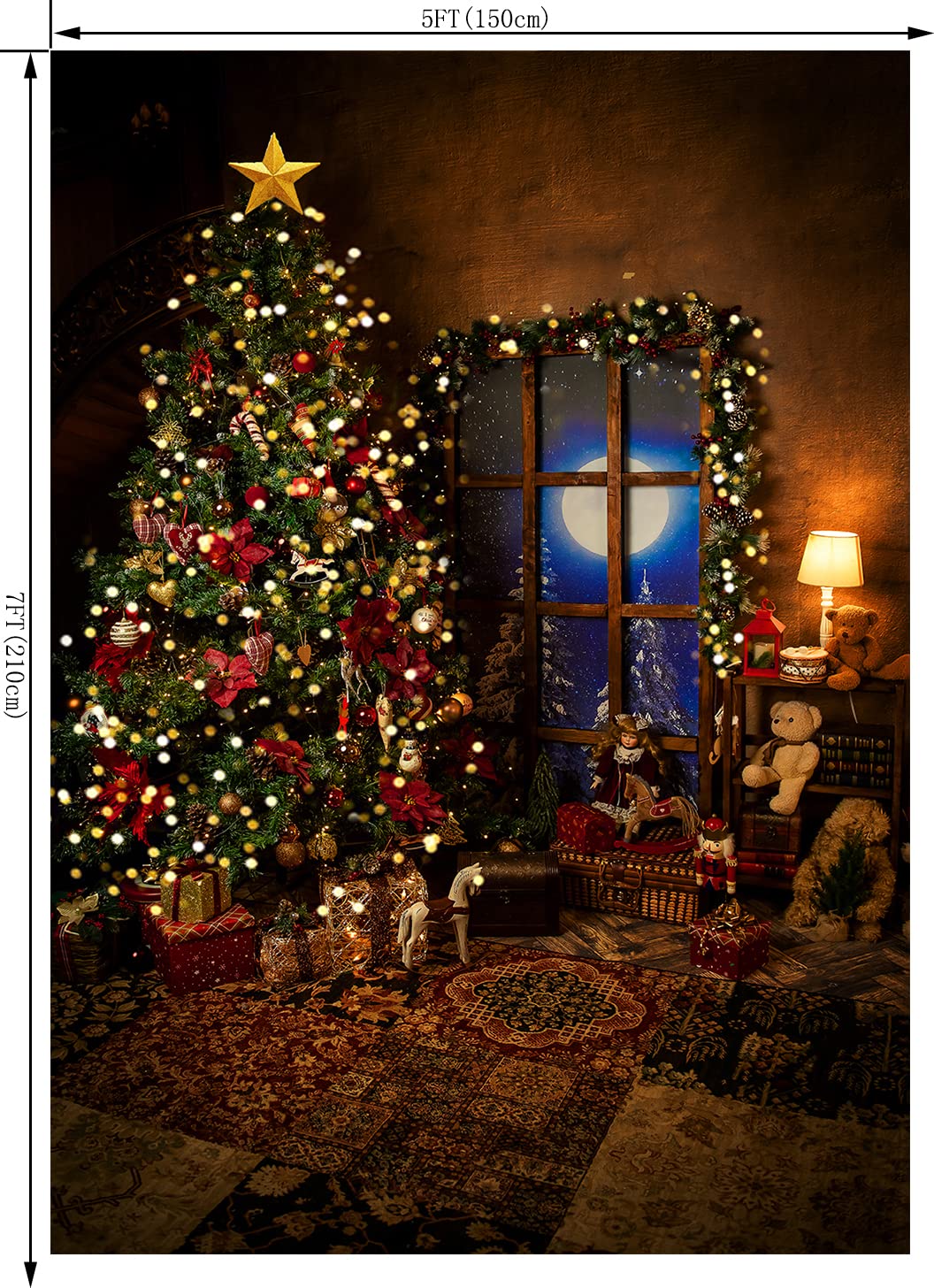 Christmas Backdrop for Photography Vintage Xmas Tree Rustic Wall Window Snow Moon Forest Winter Background Family Holiday Party Decoration Banner Supplies Photo Studio Booth Props 5X7FT CEM250B 3