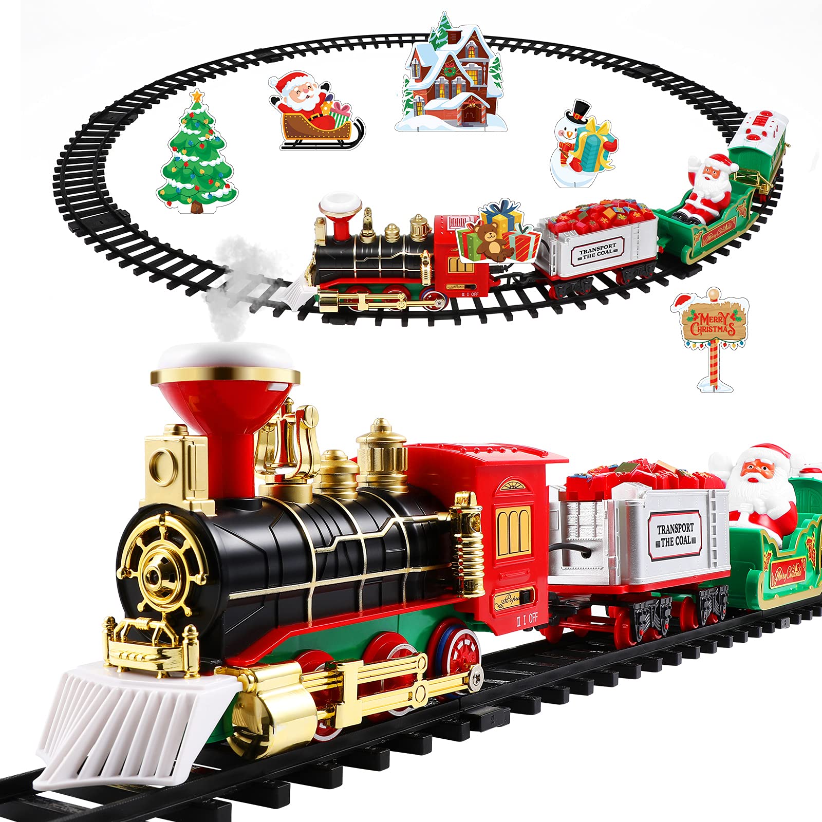 Toyvian Christmas Steam Railway Set with Railway Track & 4 Cars Lights and Sounds Railway, Battery Operated Locomotive Motor Playset, Electronic Toy, Gift for Kids