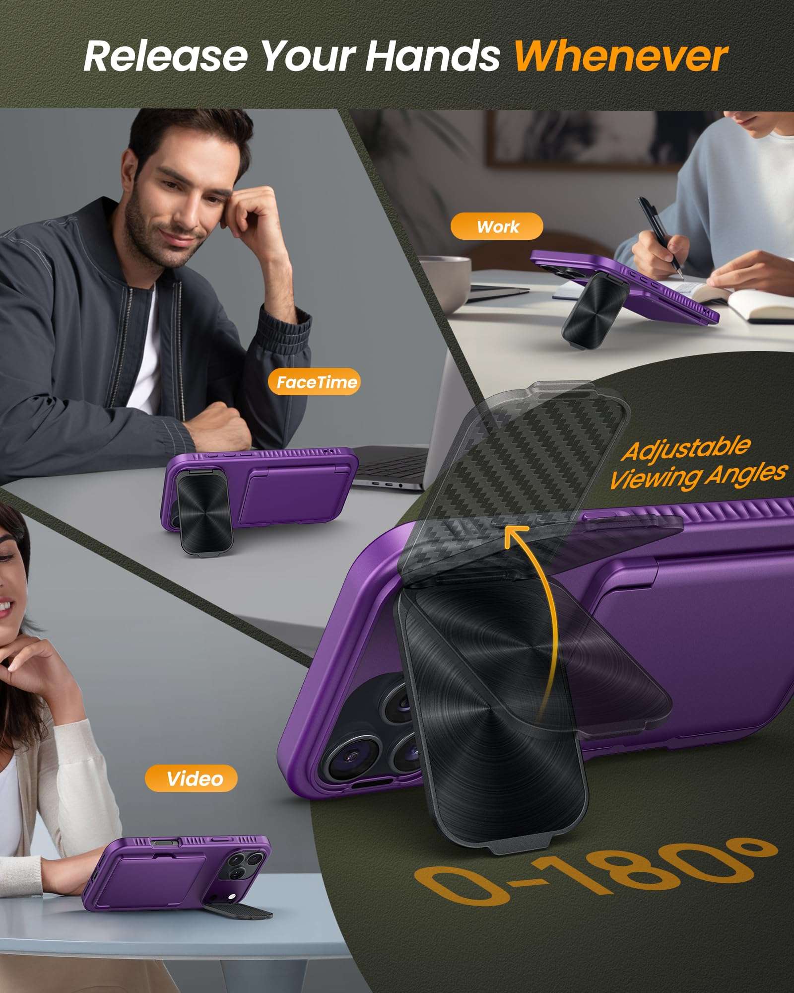 SIXBOX for iPhone 17 Pro Max Case, Built-in Card Holder & Stand & Lens Cover, Rugged Shockproof Protective Phone Case for 17 Pro Max, Purple 5