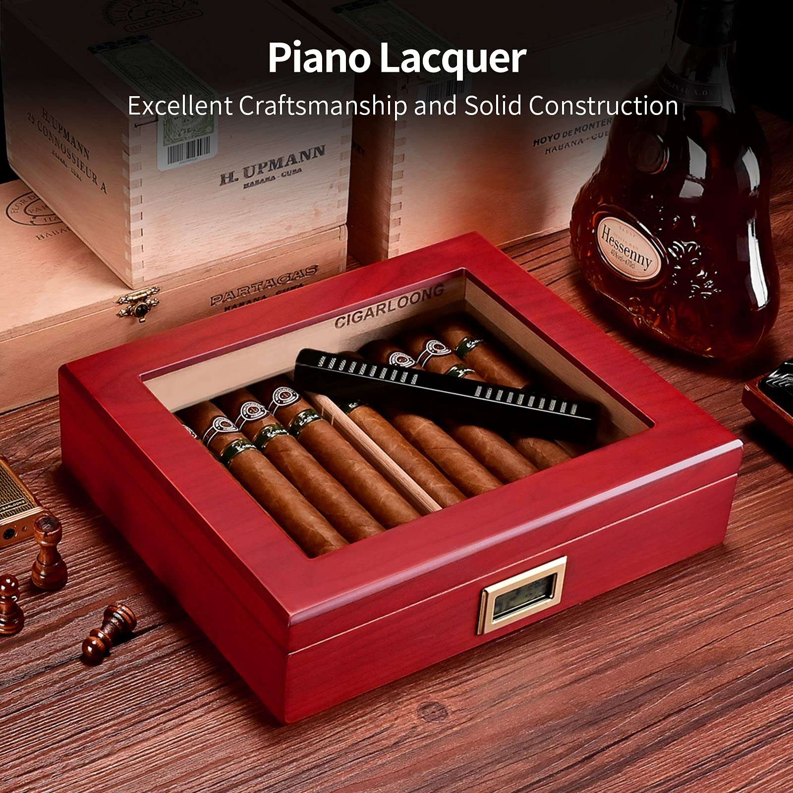 CIGARLOONG Cigar Humidor Cedar Wood Classic Cigar Box with Digital Hygrometer and Humidifier Holds 20-35 Cigars(Color:Cherry) 4