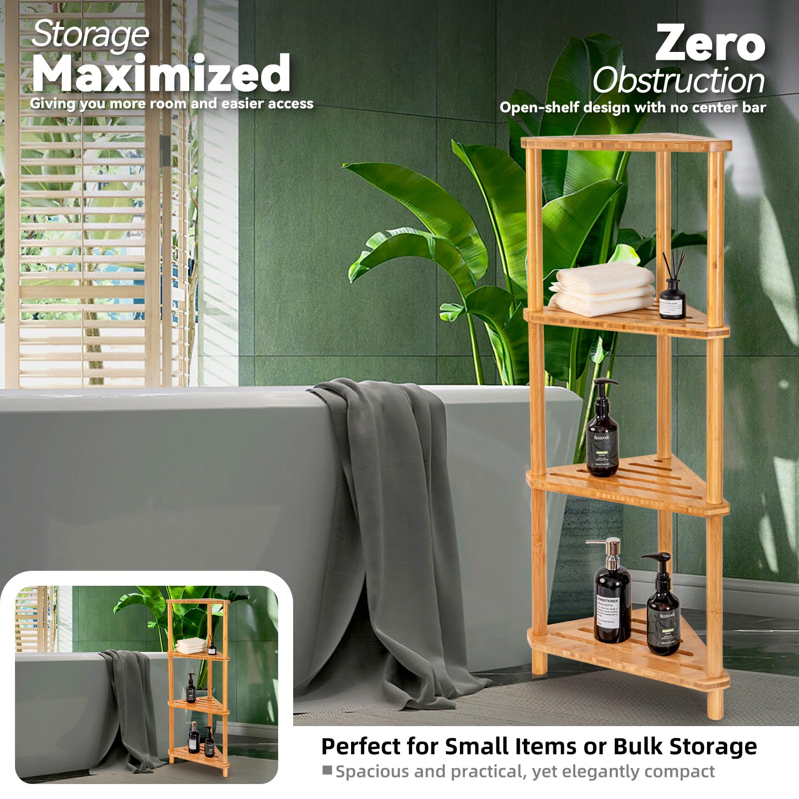 GUGIGP 4-Tier Corner Shower Caddy Stand Bamboo,Standing Corner Shower Shelf,Shower Organizer,Shower Storage Shlves,Waterproof & Durable,Space-Saving Design for Bathroom Kitchen or Living Room 4