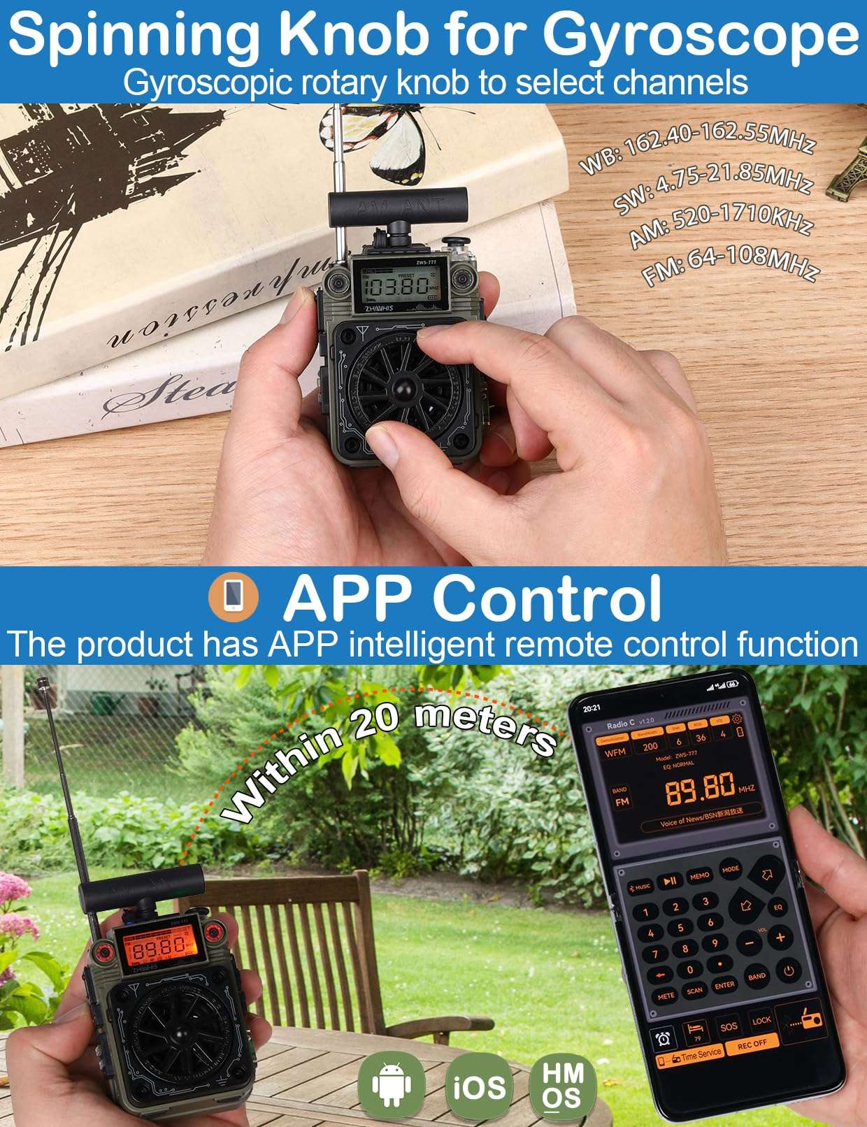 ZHIWHIS AM FM Shortwave Radio with Bluetooth and NOAA Alert, Small Rechargeable Radios with APP Control, Bass, SOS Alarm, Preset, T-Type Antenna, Emergency w/ 9.9 Ft Wire Antenna for Camping ZWS-777 4