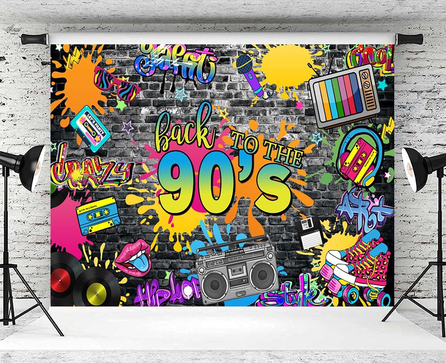 7x5ft 90s Backdrop Back to The 90s Photography Background Hip Pop Graffiti Brick Wall Retro Radio Fashion 90s Theme Party Banner Decorations Supplies Photo Booth Props 4