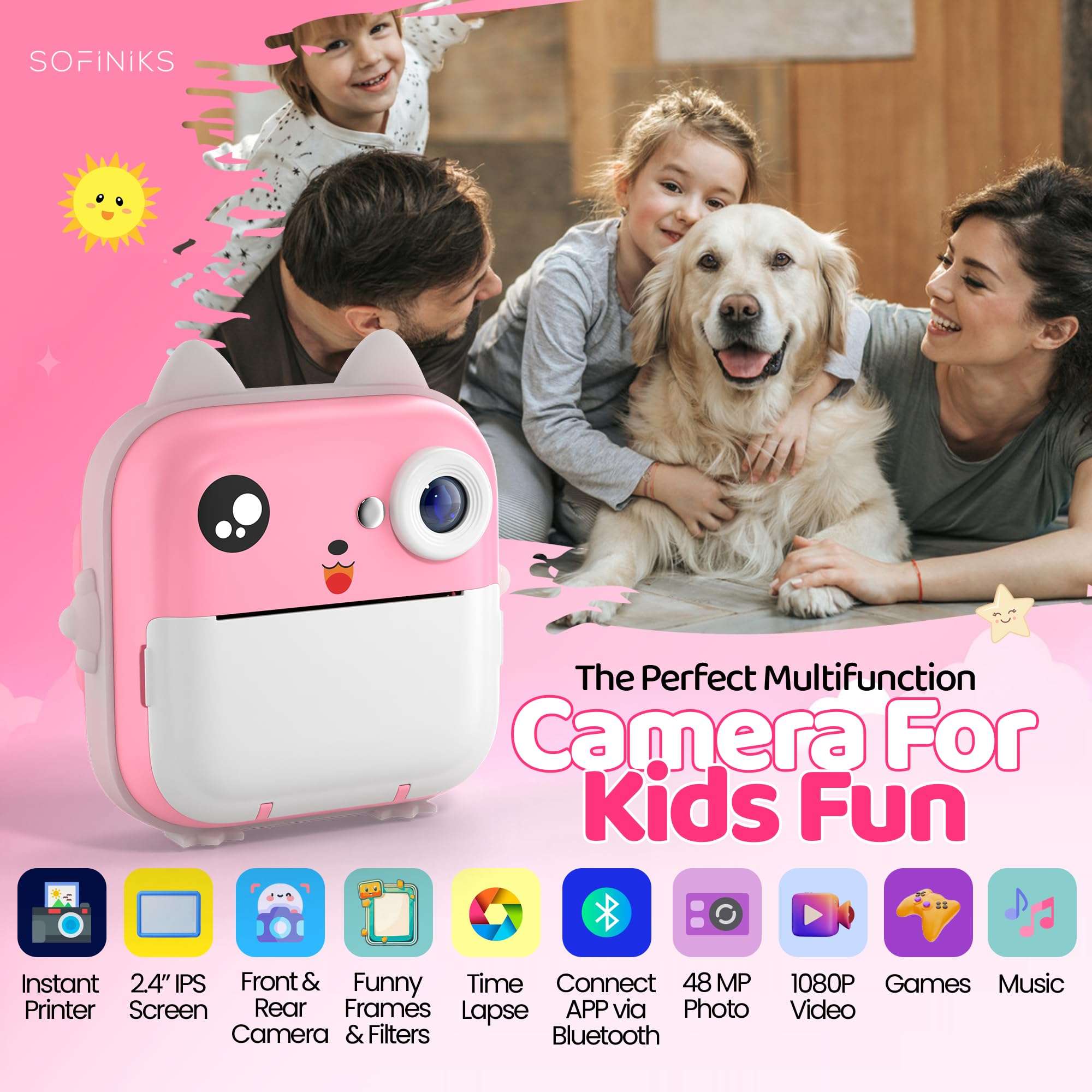 Instant Print Camera for Kids, Christmas Birthday Gifts for Girls Boys, HD Digital Video Cameras for Toddler, Portable Toy for 4 5 6 7 8 9 10 Year Old Girl with 64GB SD Card-Pink 3