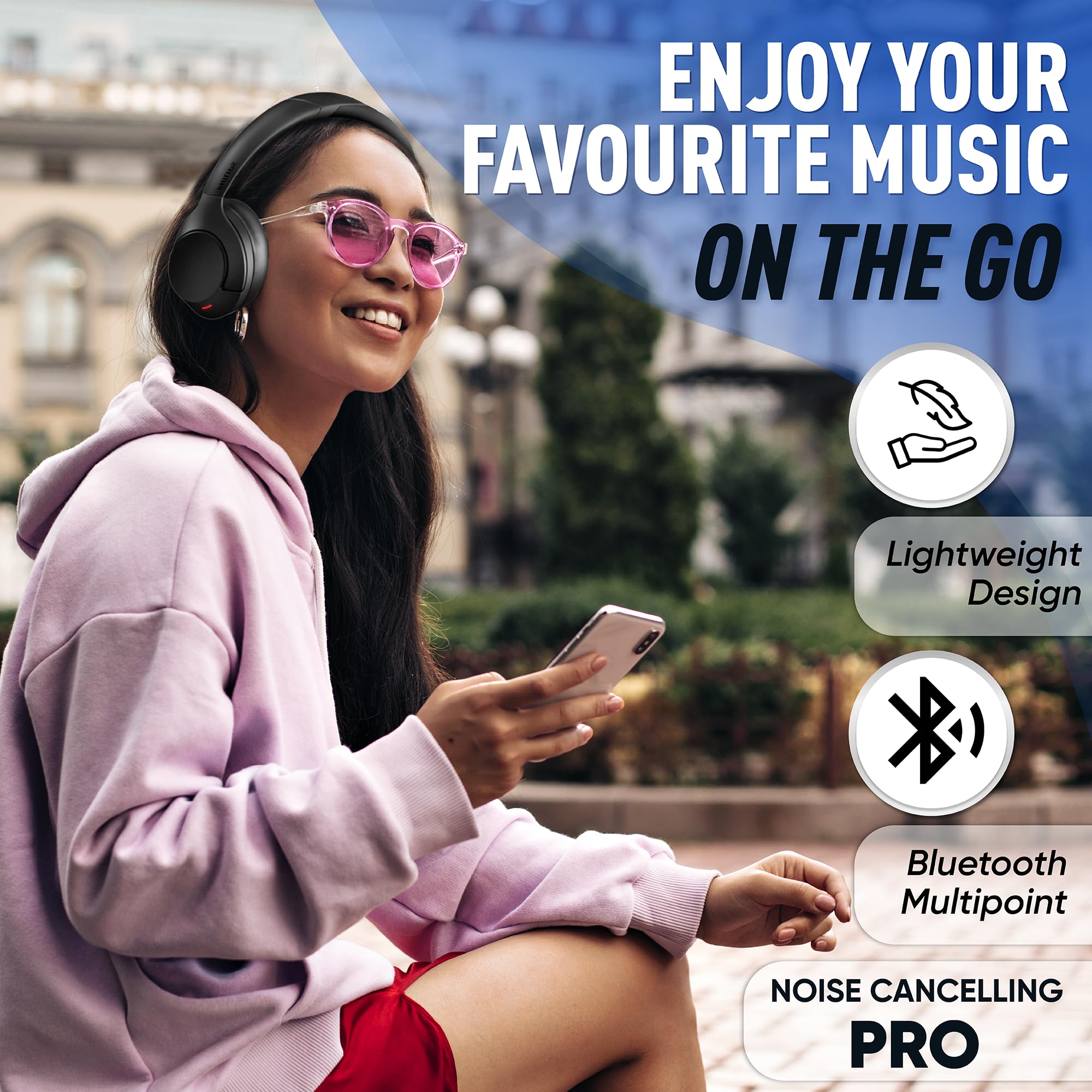 Philips Wireless Headphones Noise Cancelling, Stereo Over Ear Wireless Headphones with Removable Mic, Bluetooth Headset with Microphone, Lightweight and Touch Control, 55 Hours Playtime 3