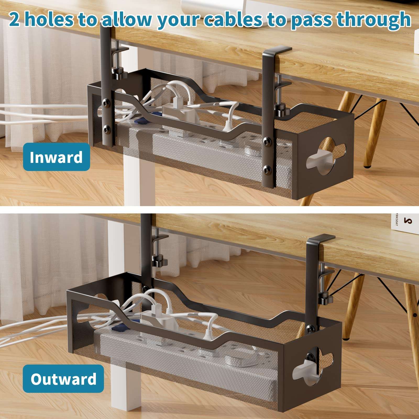 Under Desk Cable Management Tray No Drill, Metal Mesh Cable Management Under Desk with Clamp Mount, 2 Hole Cable Tray with Wire Management and Cord Organizer for Home Office Standing Desk 5
