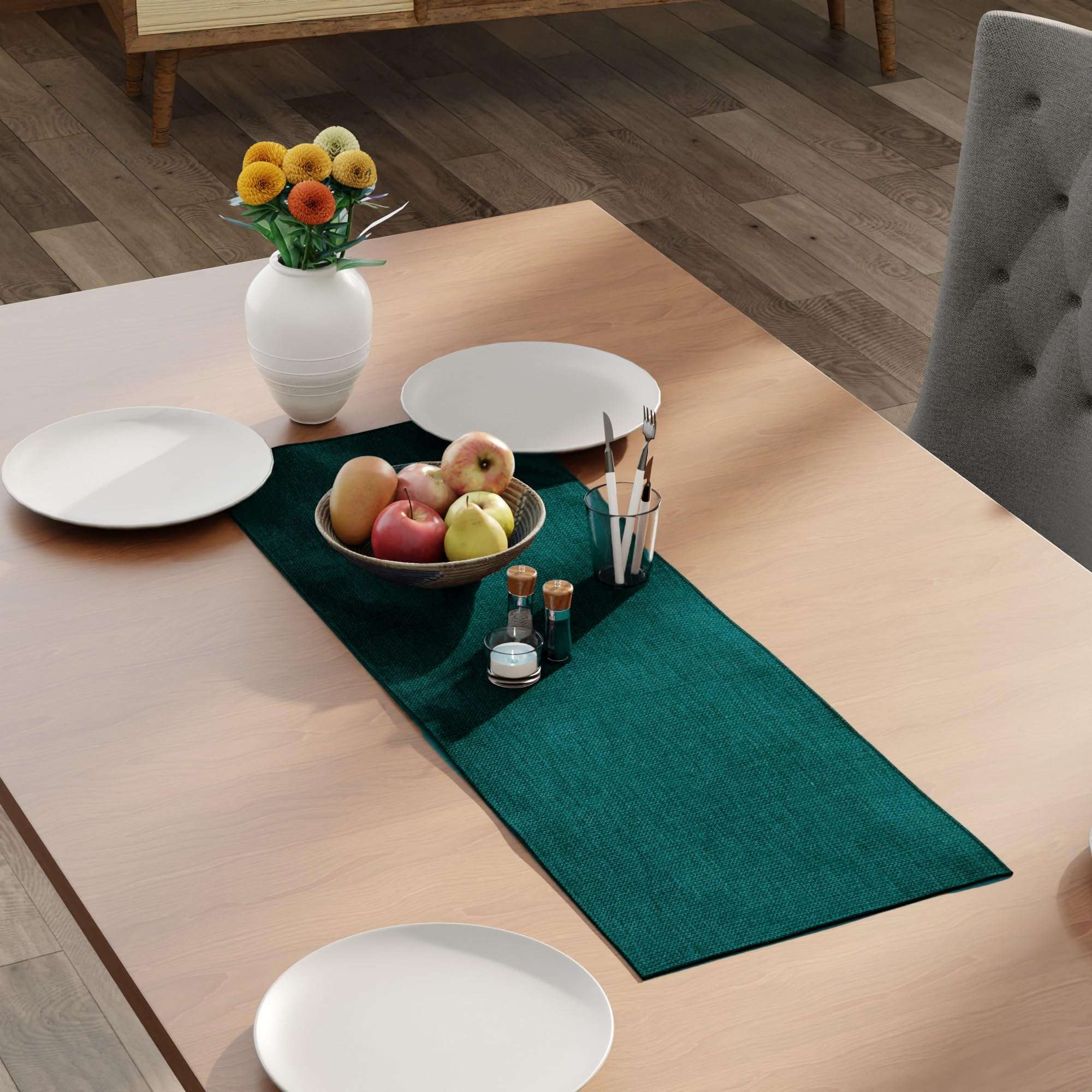 Encasa XO Dining Table Runner for 4 to 6 Seater | 32x91 cm | Sand | Chenille Fabric | Machine Washable 3