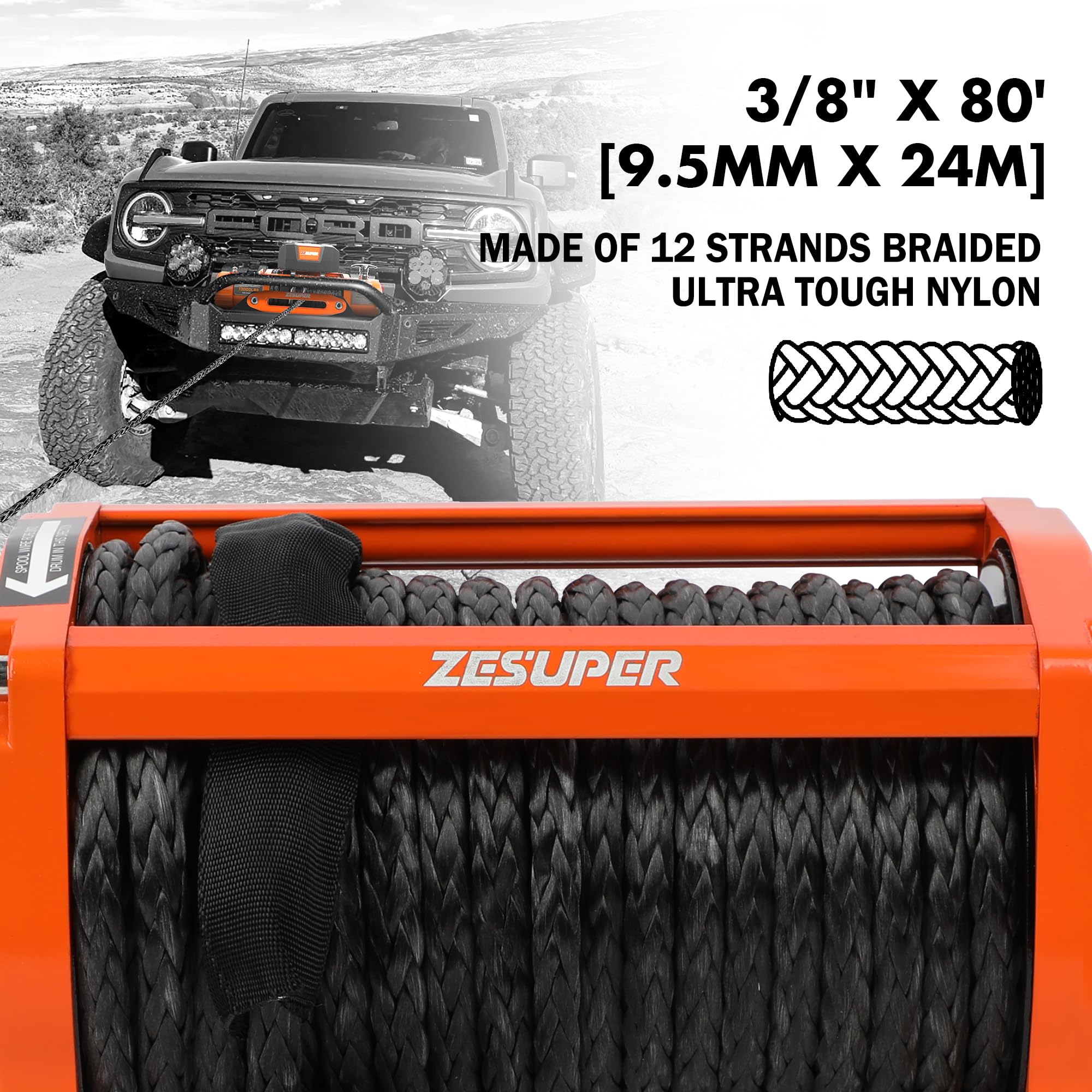 ZESUPER 13000 lbs Capacity Electric Winch Kit Waterproof IP67 Electric Winch Hawse Fairlead for Truck,SUV with Both Wireless Handheld Remote and Corded Control Recovery Synthetic Rope Orange 6