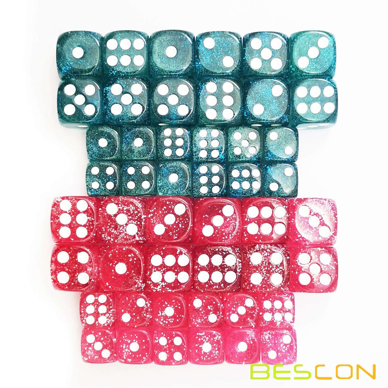 Bescon Ethereal Glitter Dice D6 16MM&12MM 48pcs Set, Game Dice Glitter Rose and Teal in 12MM&16MM Each 12pcs 3