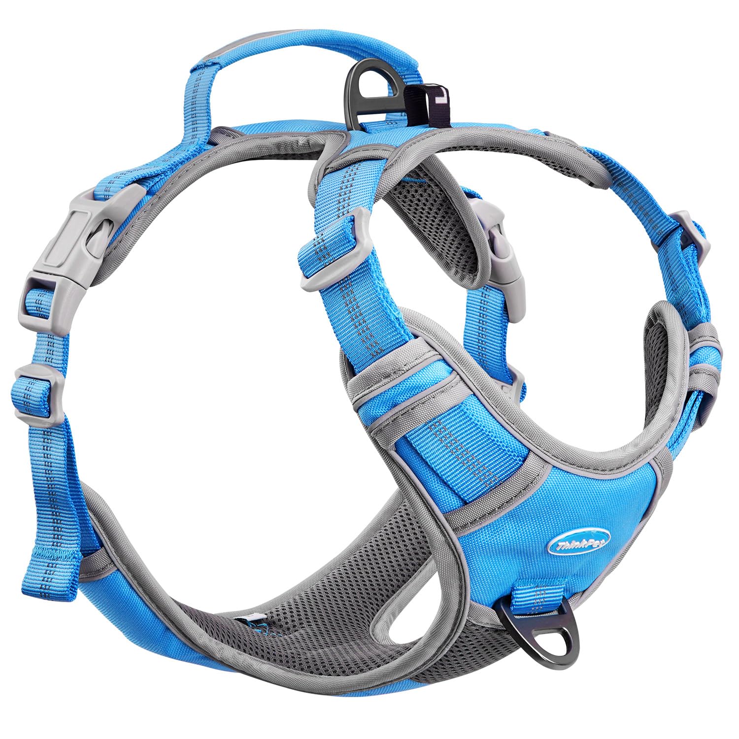 ThinkPet No Pull Harness Breathable Sport Harness with Handle-Dog Harnesses Reflective Adjustable for Medium Large Dogs,Back/Front Clip for Easy Control L Sky Blue