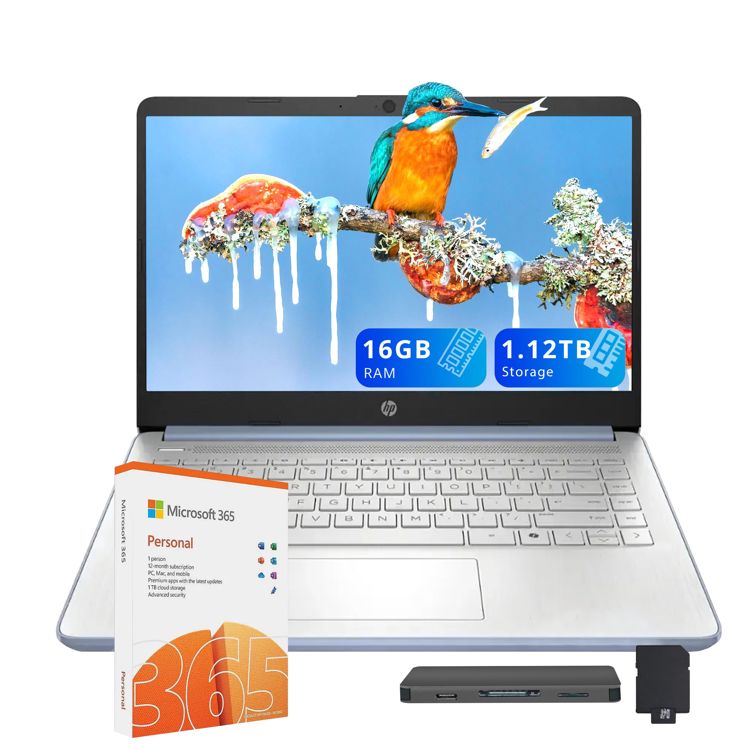 HP Stream 14" HD Laptop, Intel Processor N150, 16GB RAM, 1.12TB Storage(128GB UFS+1TB Docking Station Set), Intel Graphics, Webcam, Wi-Fi 6, 1 Year Office 365, Copilot, Fast Charge, Win 11, Blue 1