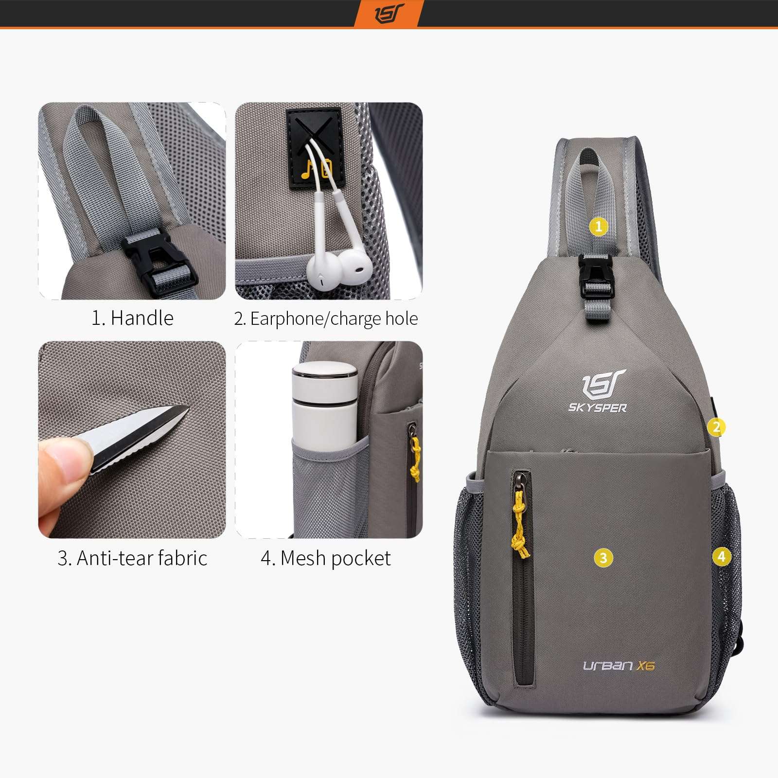 SKYSPER Sling Bag Crossbody Backpack - Chest Shoulder Cross Body Bag Travel Hiking Casual Daypack for Women Men(Khakigrey) 5