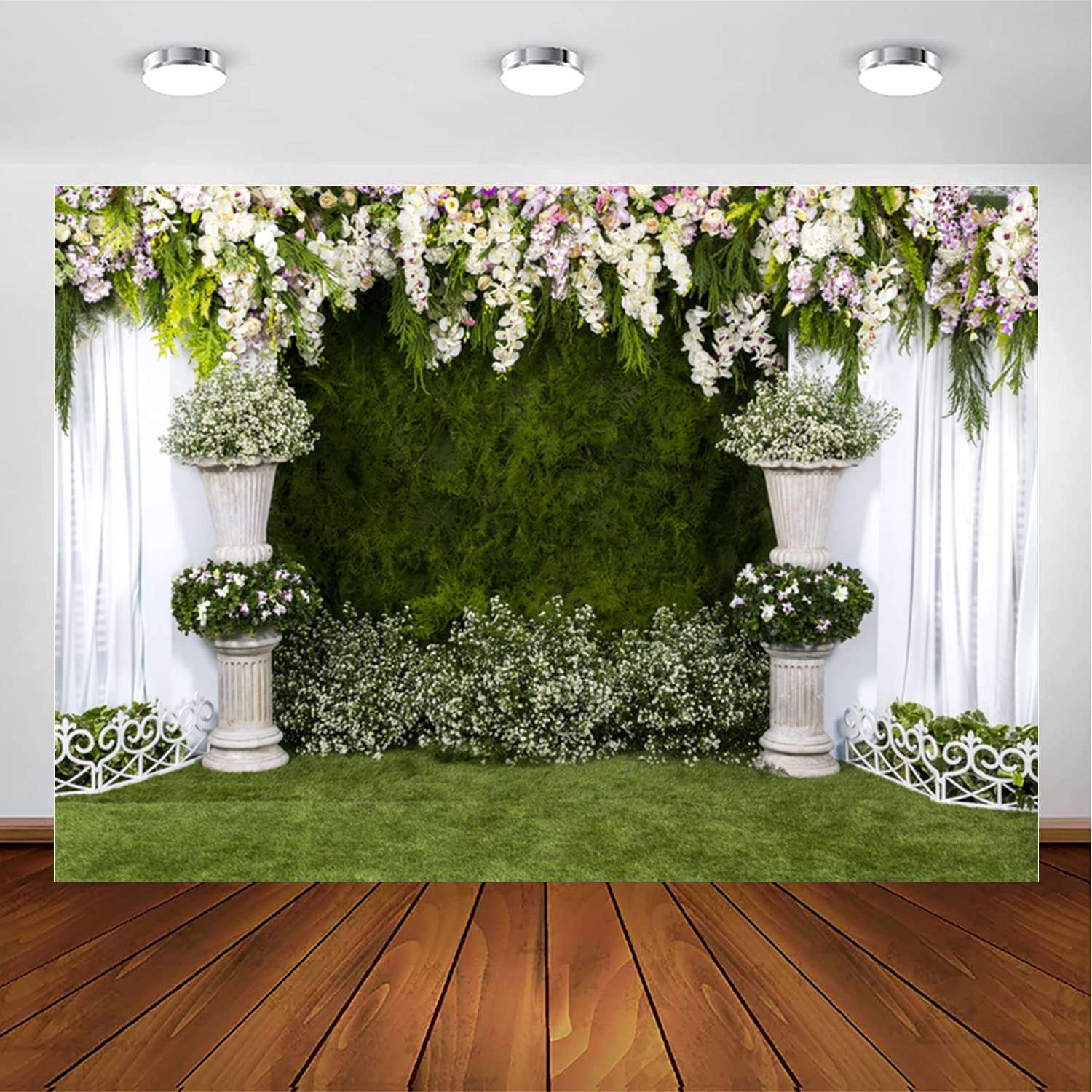 JASREE Vinyl 10x8ft Arch Wedding Flowers Backdrop Photography Background Stone Planter Flowers White Curtain Green Ivy Wall Decoration Outdoos Ceremony Green Grassfield Backdrop 2