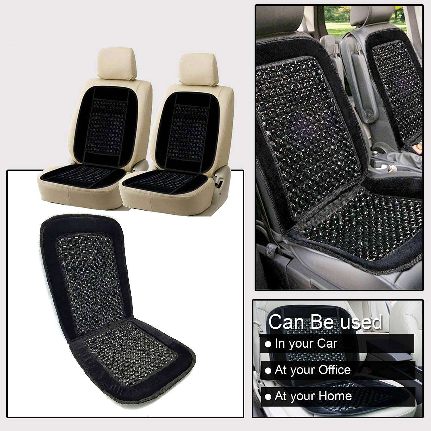 Oshotto Car Wooden Bead Seat Cushion Black Velvet Border for All Cars - (Black) Set of 2 2