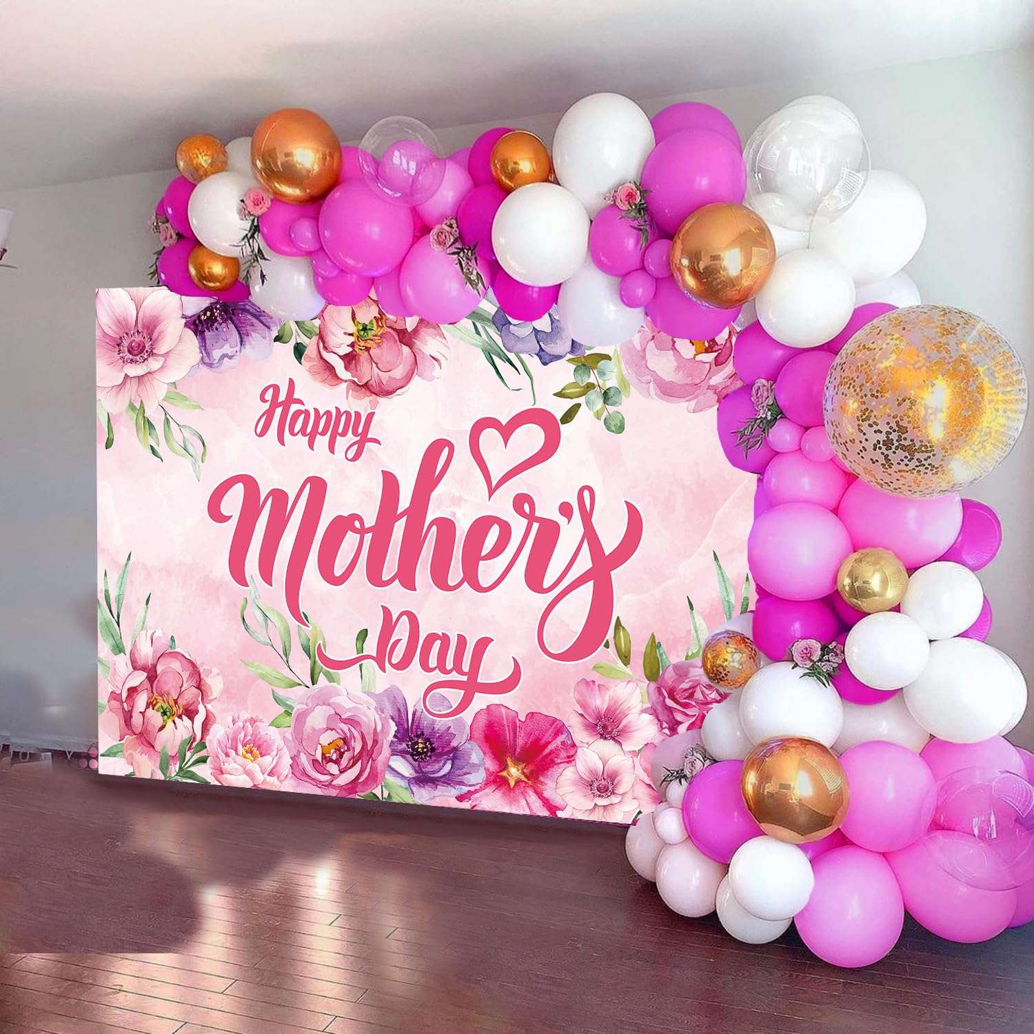 Happy Mother's Day Party Backdrop 10x8FT I Love Mom Photography Background Pink Flower Women Queen's Day Thanks Mama Banner Photo Props 120x96 inch 5