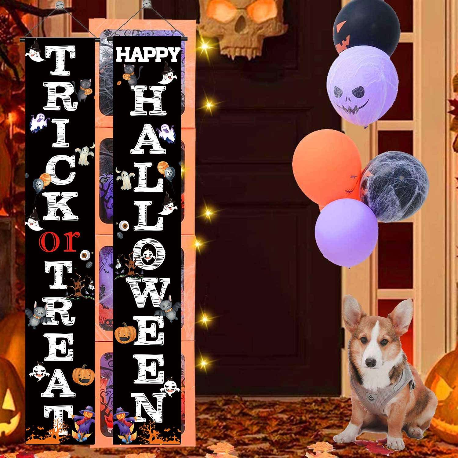 HAPPY HALLOWEEN TRICK OR TREAT Hanging Banner Porch Sign Pumpkin Ghouls Bat Cat Pattern Backdrop Flag For Indoor Outdoor Wall Door Decoration Happy Halloween Party Decorations 72"x12" 5