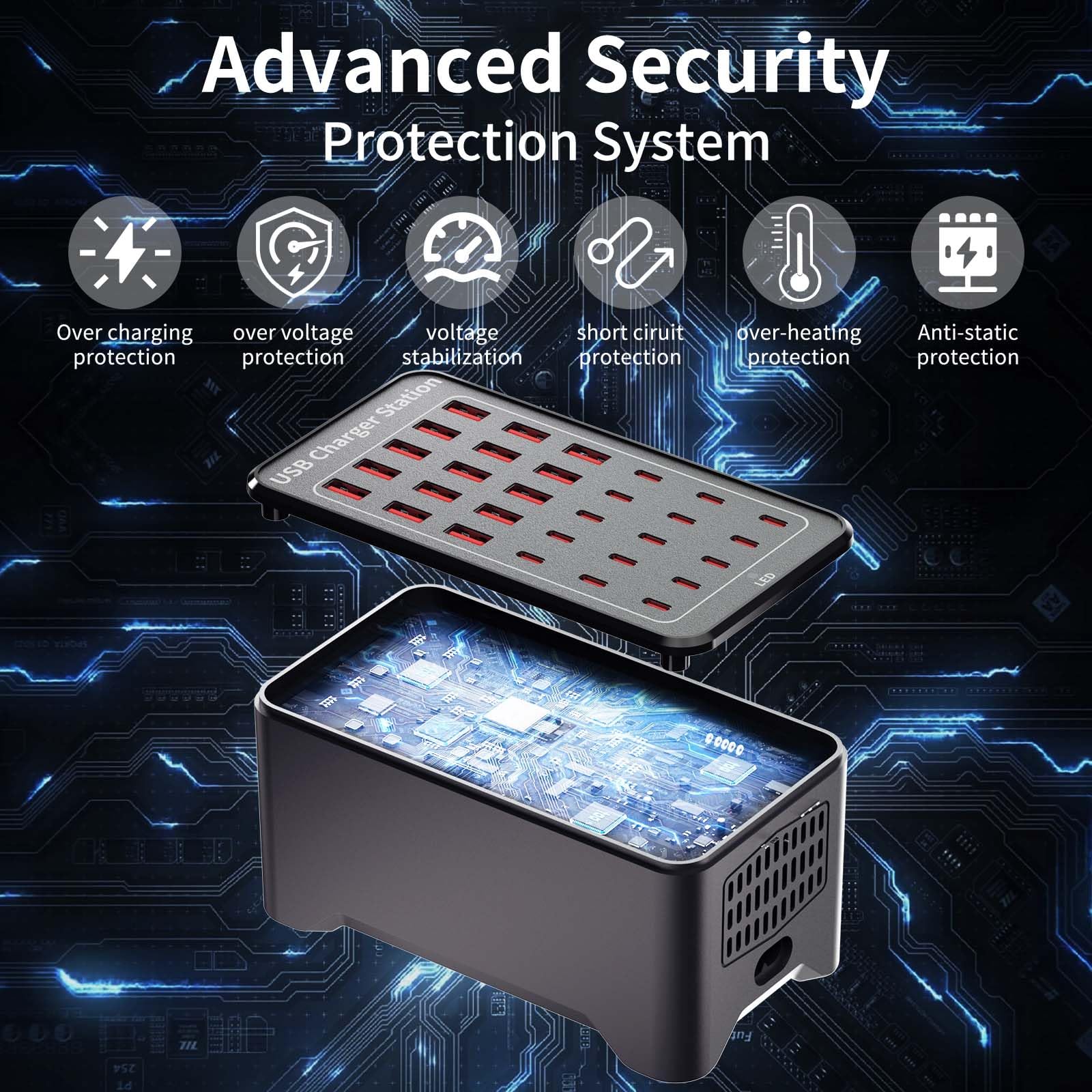 150W(30A) USB Charging Station, 30-Port USB C Charger Block, Multiple Desktop/Wall Fast Charger with Intelligent Protection Compatible with iPhone, iPad, Tablets, Smartphones 5