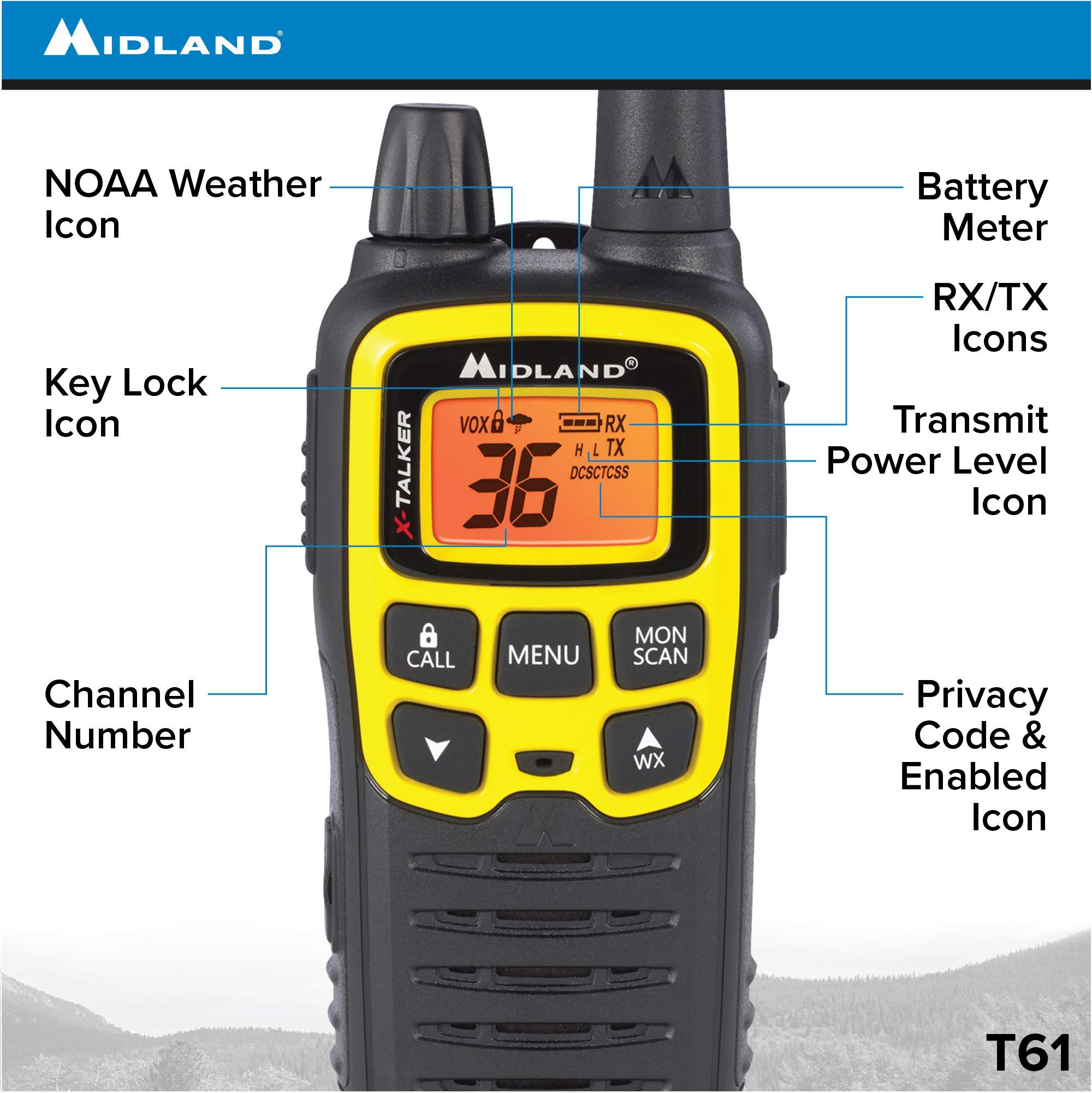 Midland T61VP3 36 Channel FRS Two-Way Radio - Up to 32 Mile Range Walkie Talkie - Yellow/Black (Pack of 10) 3