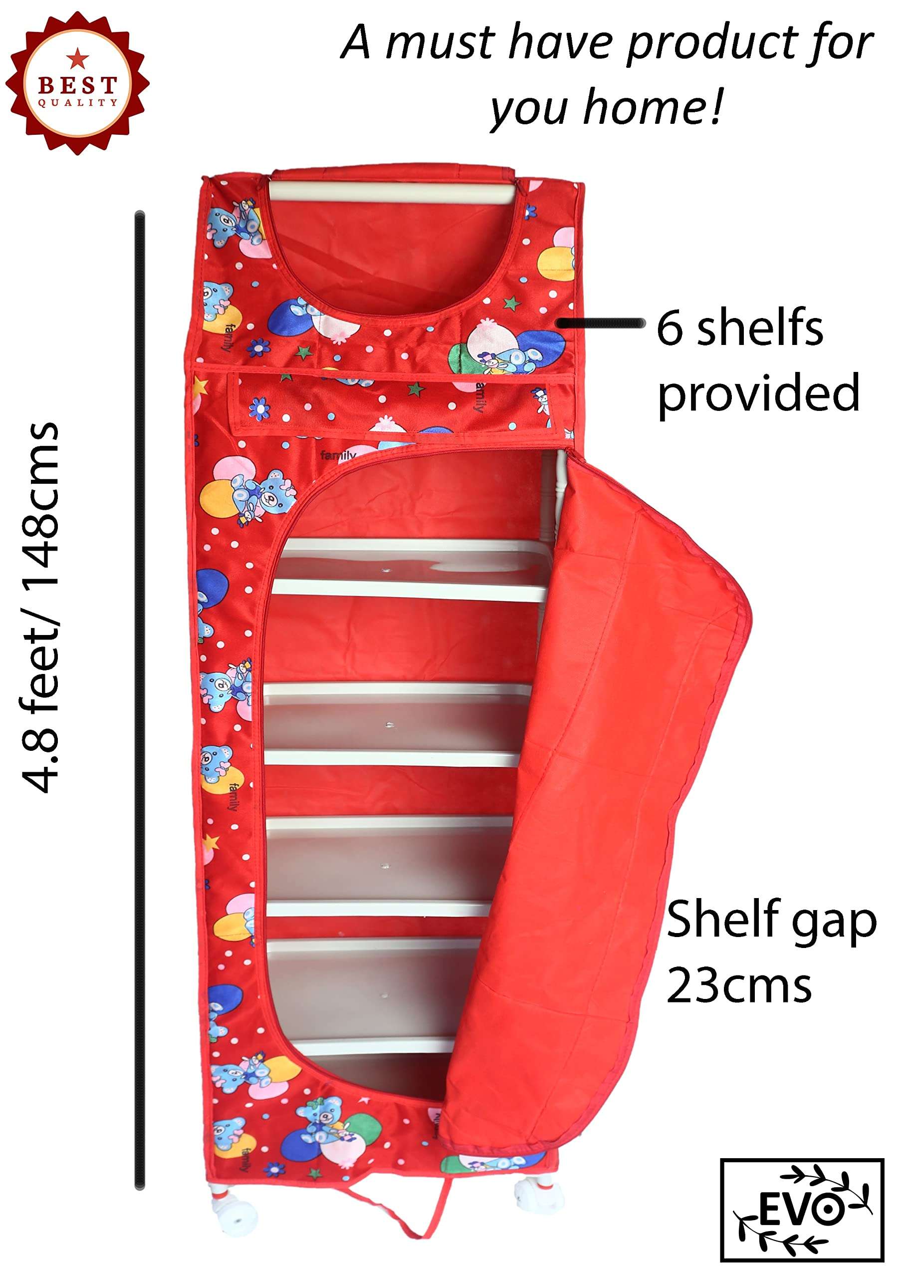 Evoshine® Colorful Design Cotton 6 Cabinet Hanging Baby Almirah, Kids Wardrobe, Cloth Organizer, Folding Almirah, Toy Box (Red) 5