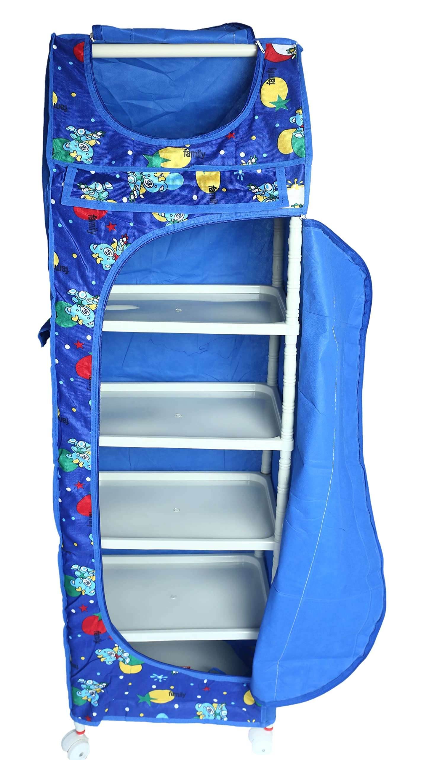 EVOHOME Evoshine® Colorful Design Cartoon Printed Cotton 6 Cabinet Hanging Baby Almirah, Kids Wardrobe, Cloth Organizer, Folding Almirah, Toy Box (Blue) 1