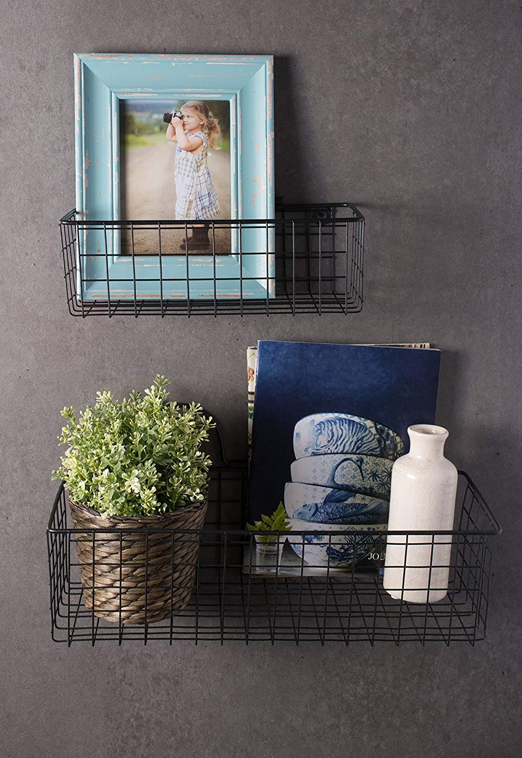 INDIAN DECOR 28727 Rustic Farmhouse Vintage Hanging Wall Mounted Wire Metal Basket, Set of 2 Small, Black 5