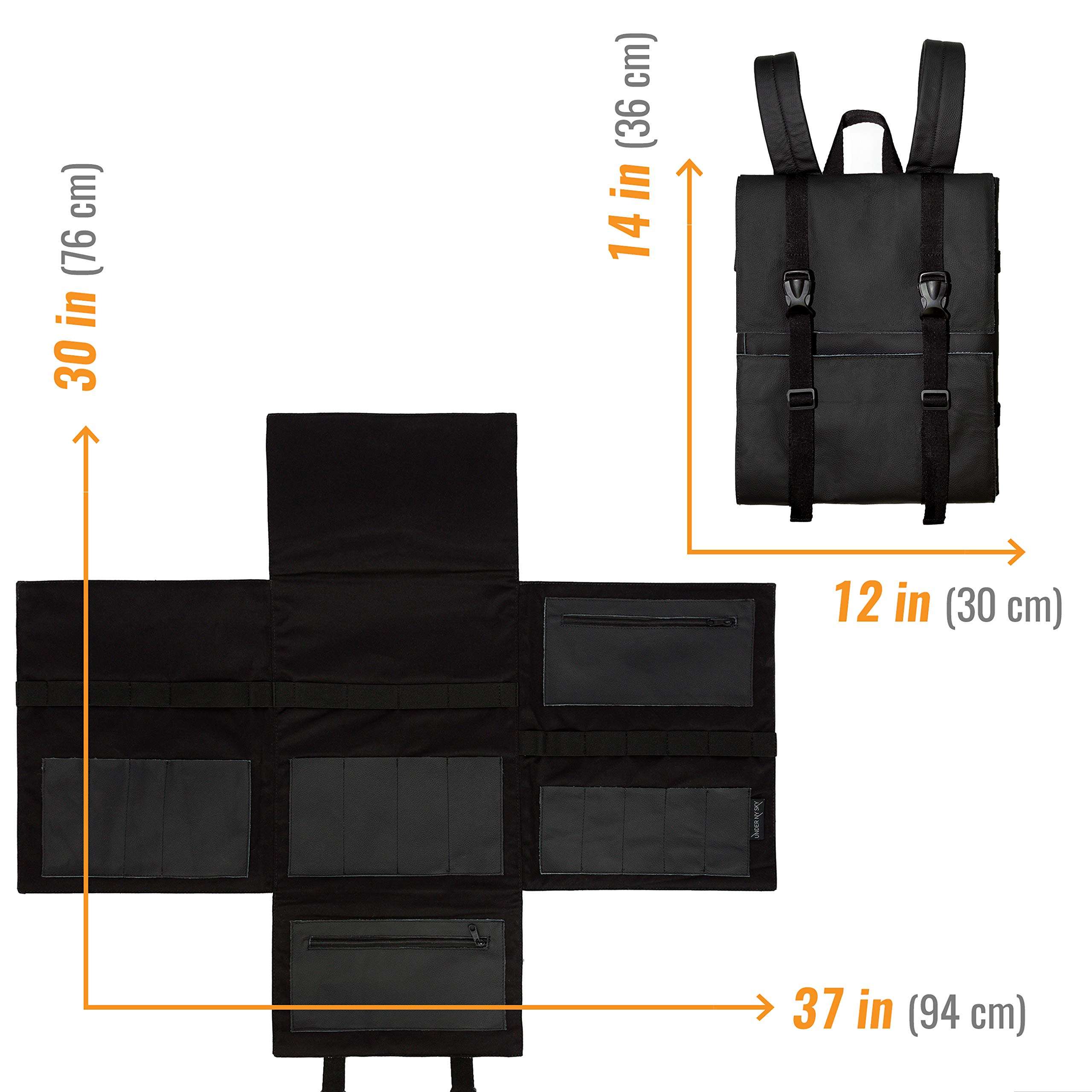 Under NY Sky Genuine Leather Knife Bag - Leather Knife Case - 13 Slots, 2 Zipped Pockets for Kitchen Utensils, Cutlery Knives - Tablets & Notebooks Pocket - Tool Storage Bag Style for Chefs - Black 6