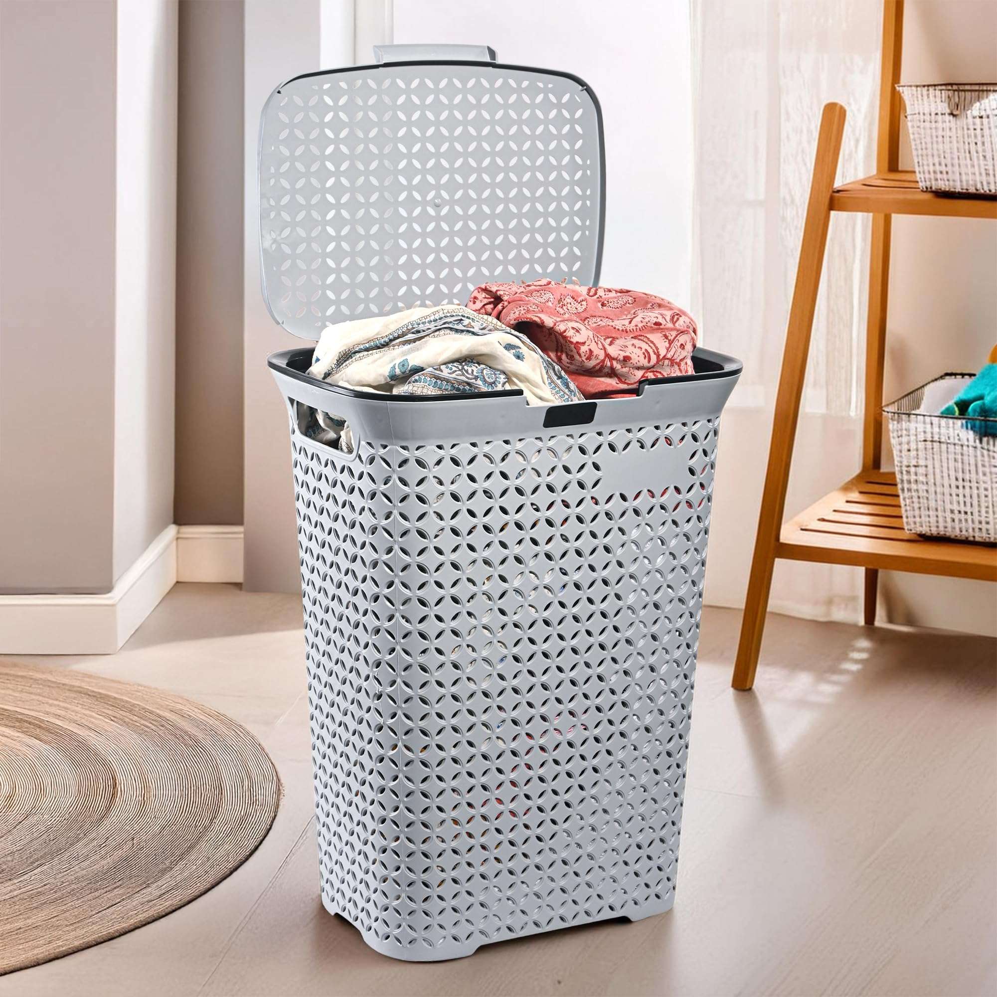 Kuber Industries 70 Ltrs Plastic Large Laundry Basket for Clothes with Lid | Multipurpose Storage Organiser for Home, Bedroom and Bathroom | Grey 1