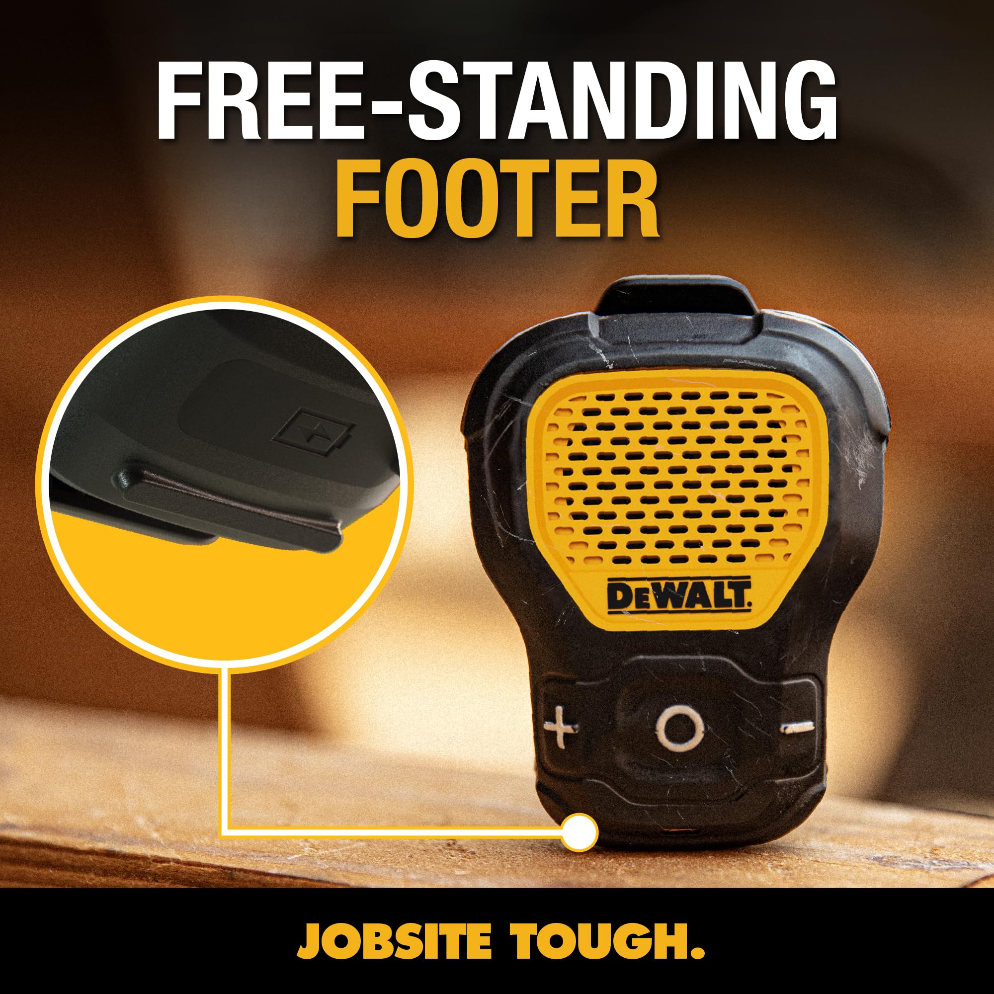 DEWALT Wearable Bluetooth Speaker (Updated Version), Clip-On Wireless Jobsite Pro Water-Resistant Portable Speaker (Non-Magnetic), Built-in Mic for Hands-Free Music/Calls, Bluetooth Speaker (Yellow) 3