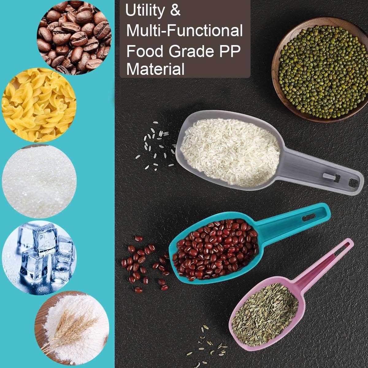 Krizkey 3 Pcs Multi-Purpose Plastic Nesting Scoop Spoons for Canisters Flour Cereal Popcorn Scoop Set Kirana Shop, Grocery, Grains, Sugar, Atta, Rice, Masala Powder, Ice Cream 5