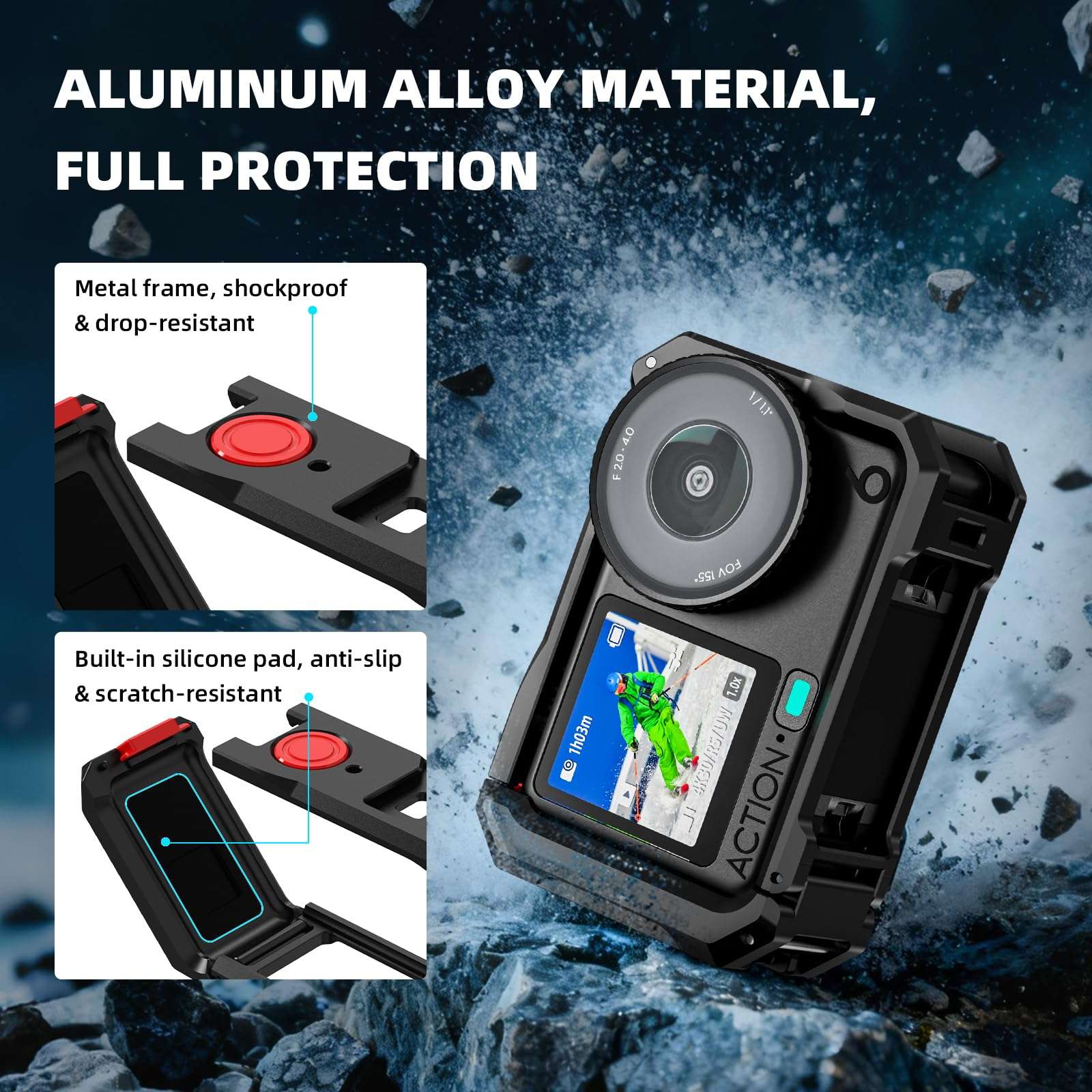 BRDRC Action 6 Camera Cage + Screen Protector+ Carrying Case (for Frame) Accessories Kit, Protective Metal Cage Portable PU Hard Bag Tempered Glass Lens Film for DJI Osmo Action 6 Protective Bundle 5