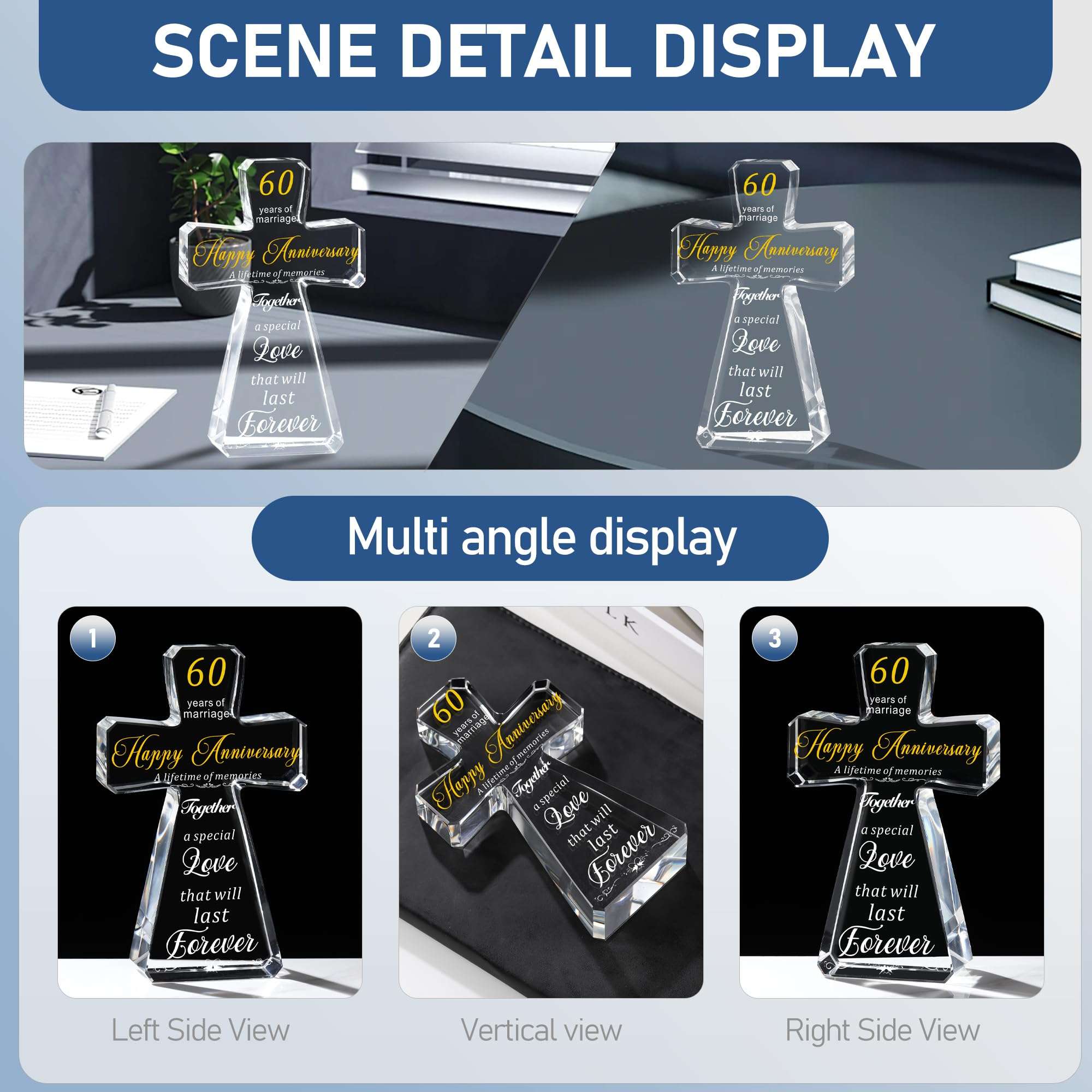 BLUEBOOK 60th Anniversary Wedding Standing Cross Gifts for Couple,4x6in Happy Anniversary Table Decoration Gifts for Parents, 60 Years of Marriage Best Gifts Idea for Women Her Him 4