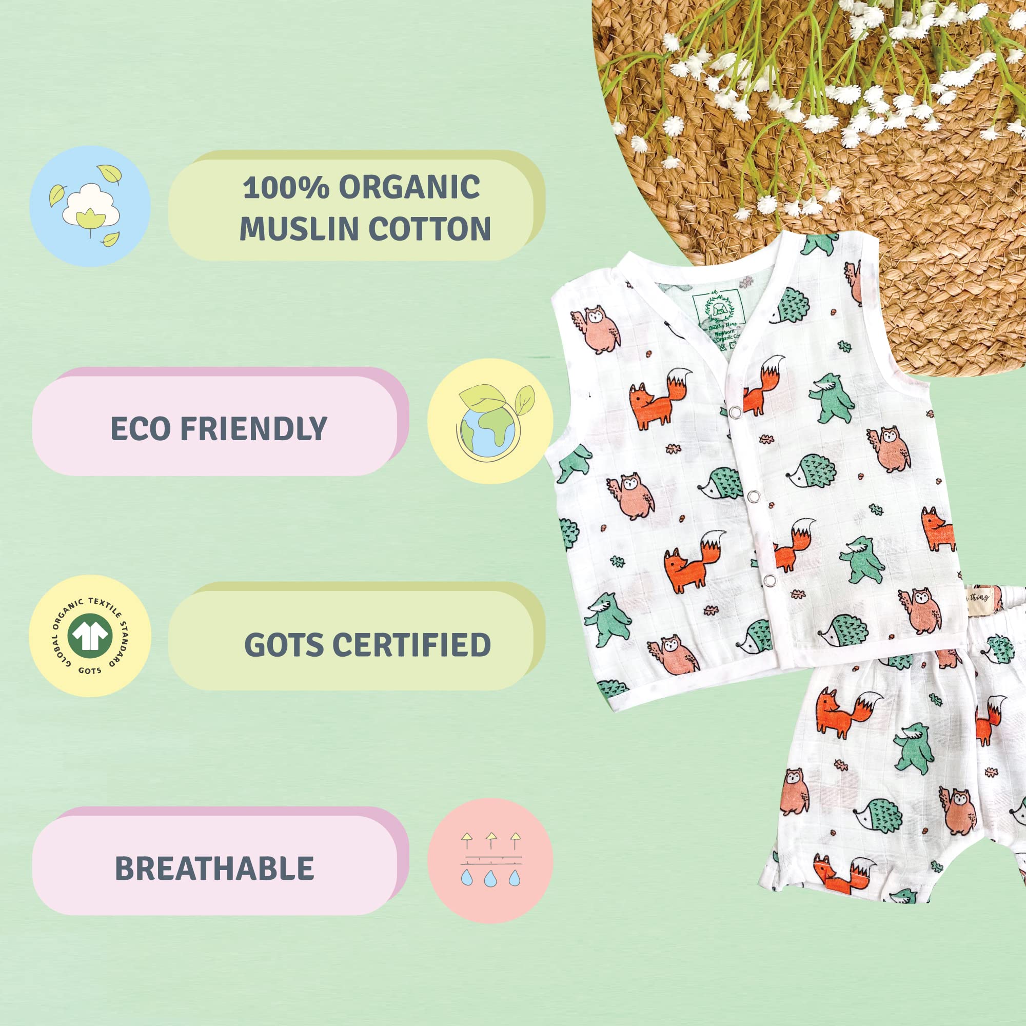 A toddler thing - Organic Cotton Muslin Jabla & Shorts | Woodlander | White Jhabla | Size - 0-3 months | For Boys & Girls | Summerwear Jabala | Sleeveless Vest | Baby Products | Casual Clothing 3