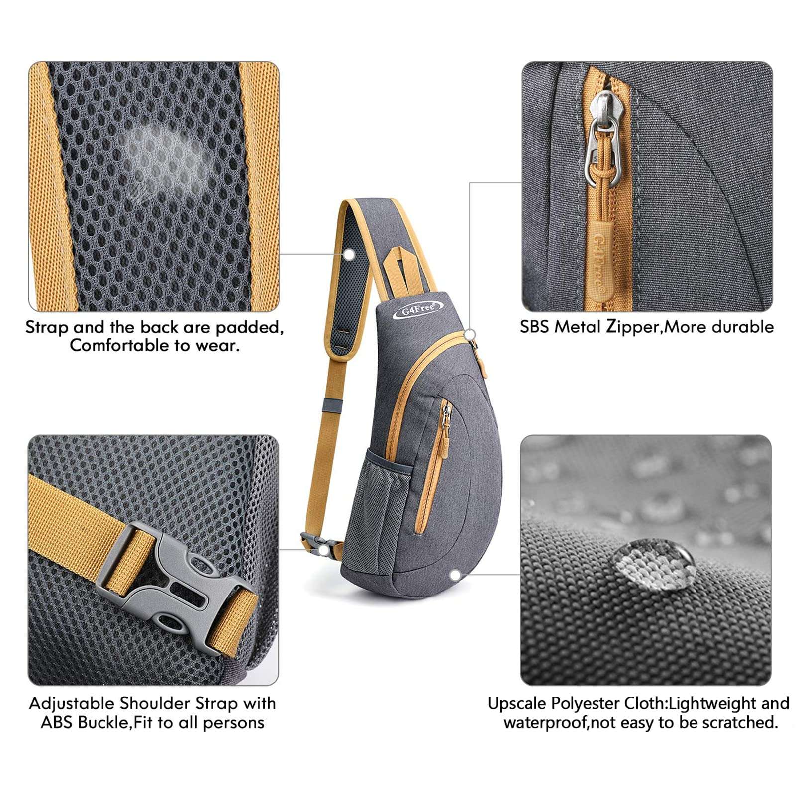 G4Free Sling Bags Men and Women Shoulder Backpack Small Crossbody Chest Sling Backpack (Grey Yellow) 4