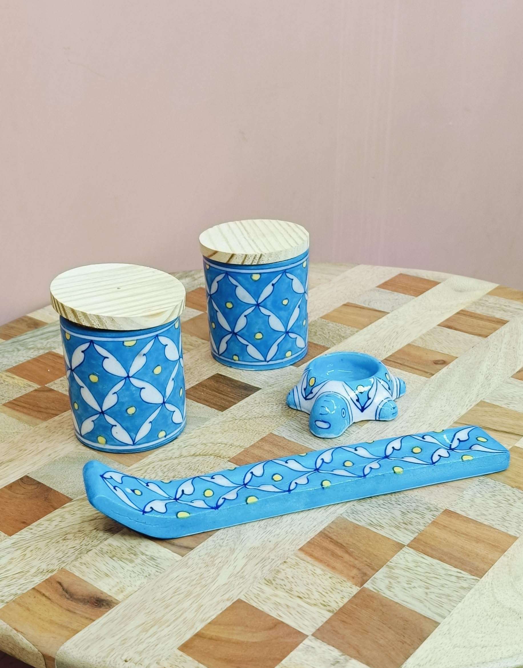 HOUSE OF GULAB Blue Pottery, 100% Handcrafted Blue Pottery with Gift Box, Eco Friendly Pottery for Kitchen & Bathroom (Sky Blue - Bhakti Set) 6