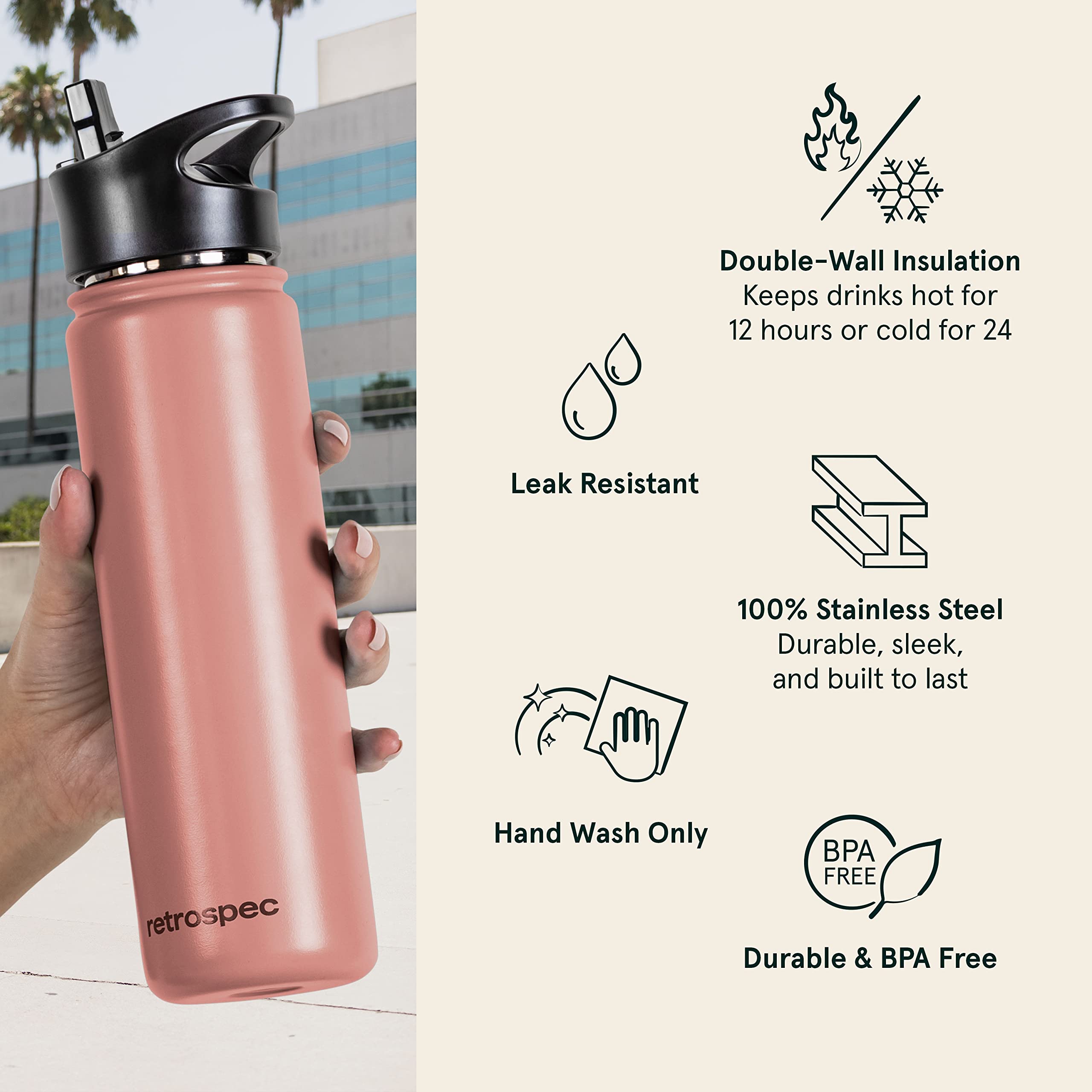 Retrospec Alder Insulated Water Bottle with Straw Lid & Handle Cap - Stainless Steel Wide Mouth Double-Wall Vacuum Insulated Thermos - BPA Free Leakproof Canteen - Melon, 32oz 3